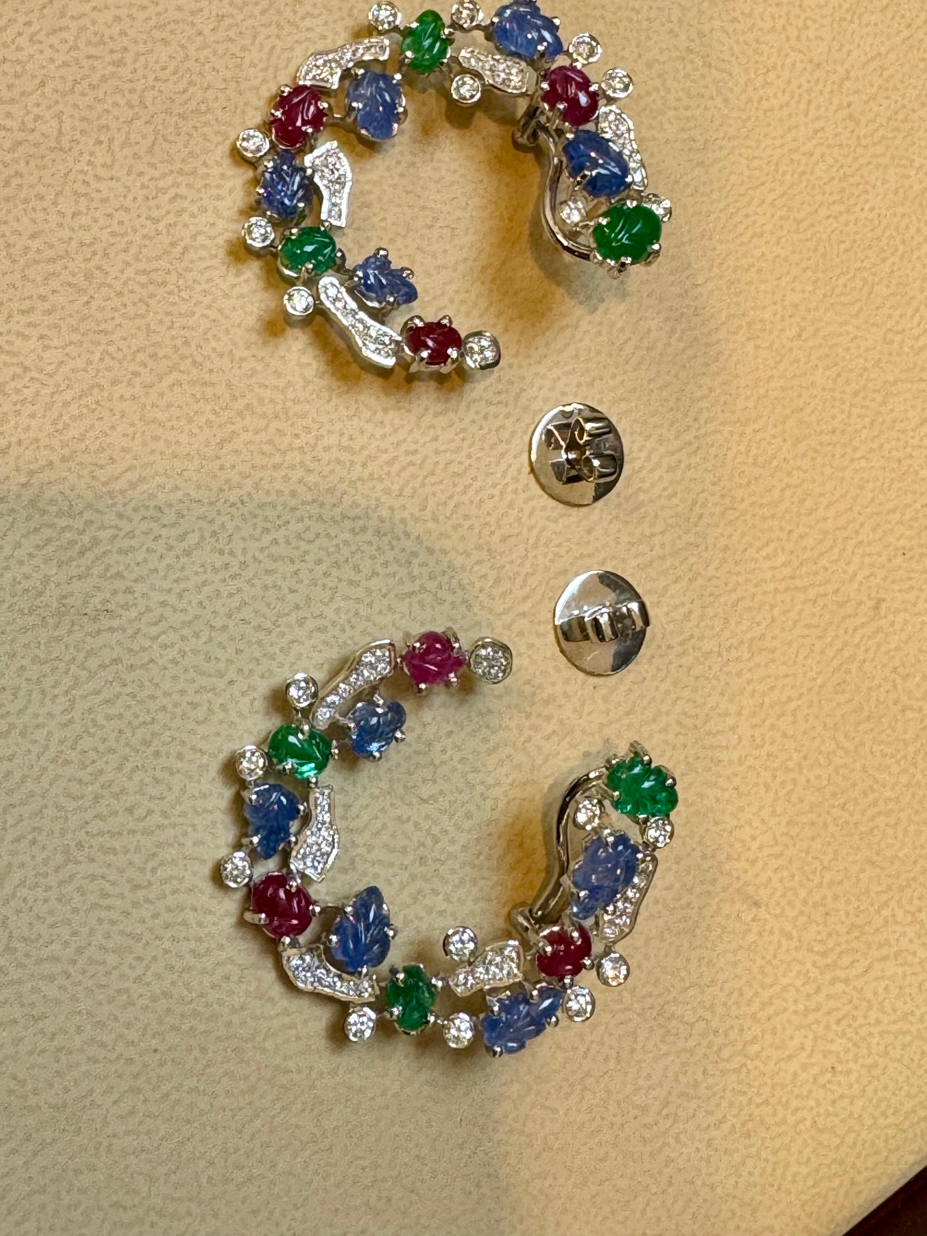 Tutti Frutti Earrings Natural Emerald Ruby & Sapphire Earring Carved Leaf 18 KWG In Excellent Condition For Sale In New York, NY