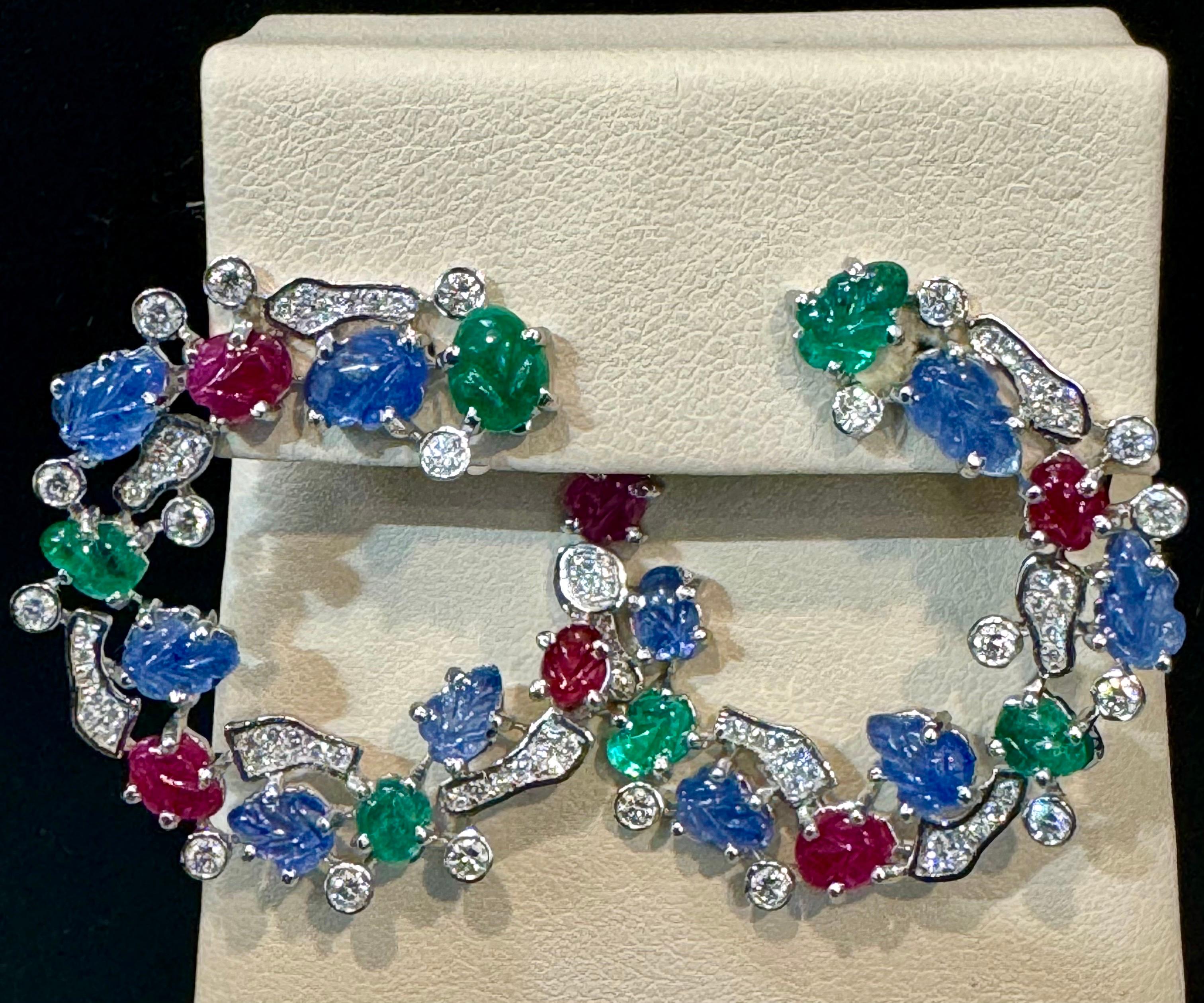 Tutti Frutti Earrings Natural Emerald Ruby & Sapphire Earring Carved Leaf 18 KWG For Sale 3