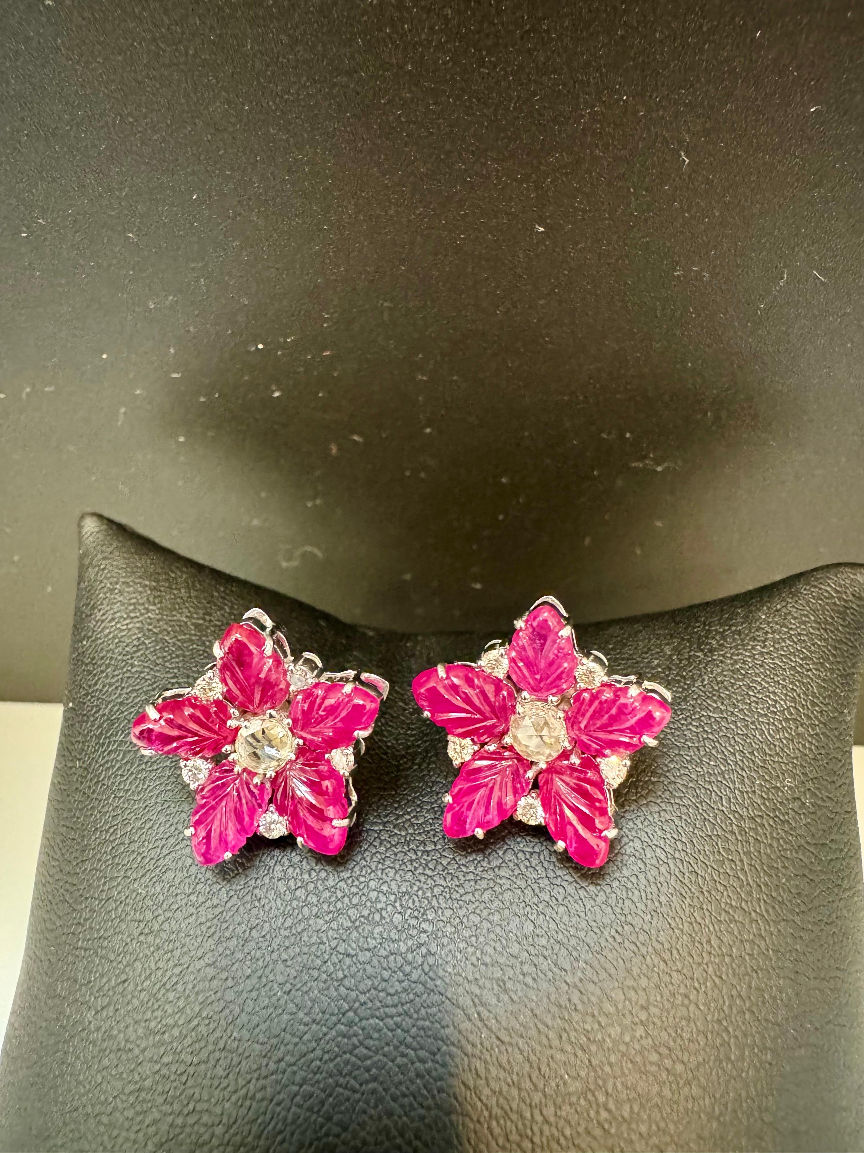 Cabochon Tutti Frutti Earrings Natural  Ruby  Carved Leaves & Diamond Earrings in  18 KWG For Sale