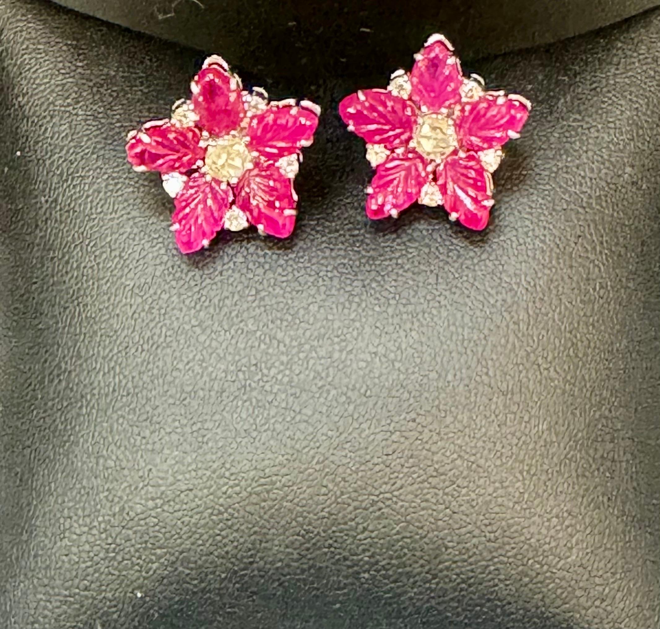 Tutti Frutti Earrings Natural  Ruby  Carved Leaves & Diamond Earrings in  18 KWG In Excellent Condition For Sale In New York, NY