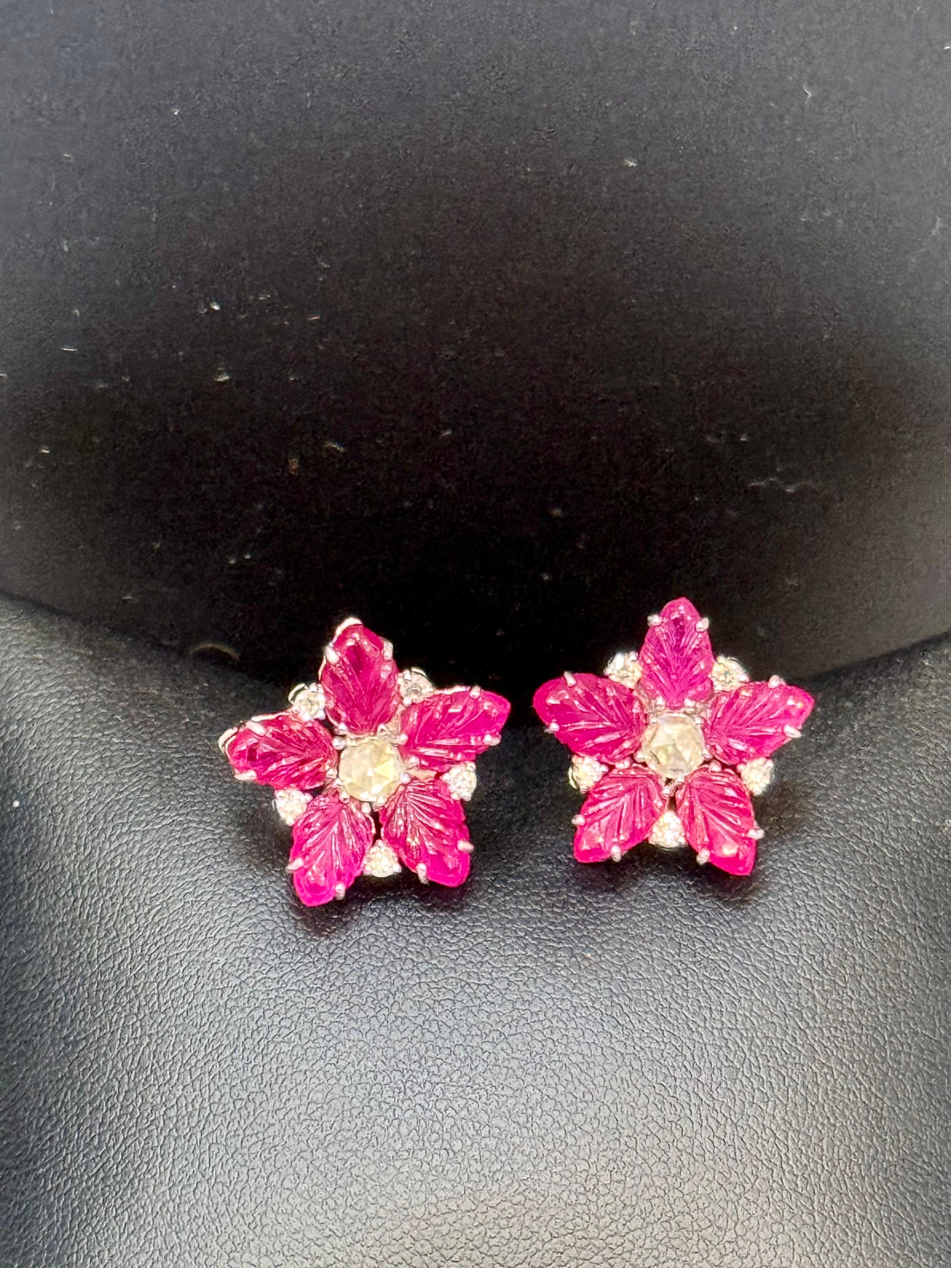 Women's Tutti Frutti Earrings Natural  Ruby  Carved Leaves & Diamond Earrings in  18 KWG For Sale
