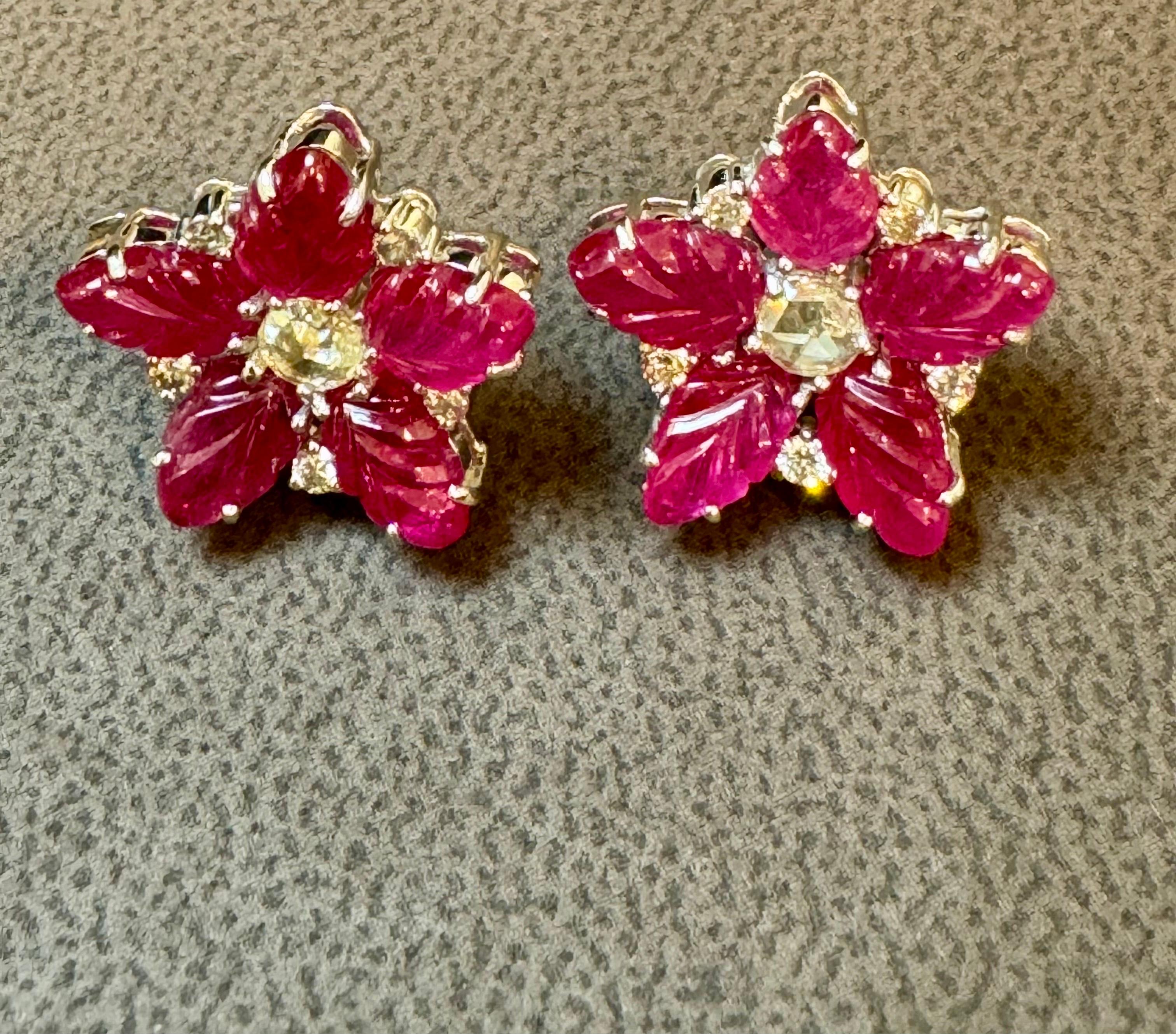 Tutti Frutti Earrings Natural  Ruby  Carved Leaves & Diamond Earrings in  18 KWG For Sale 2
