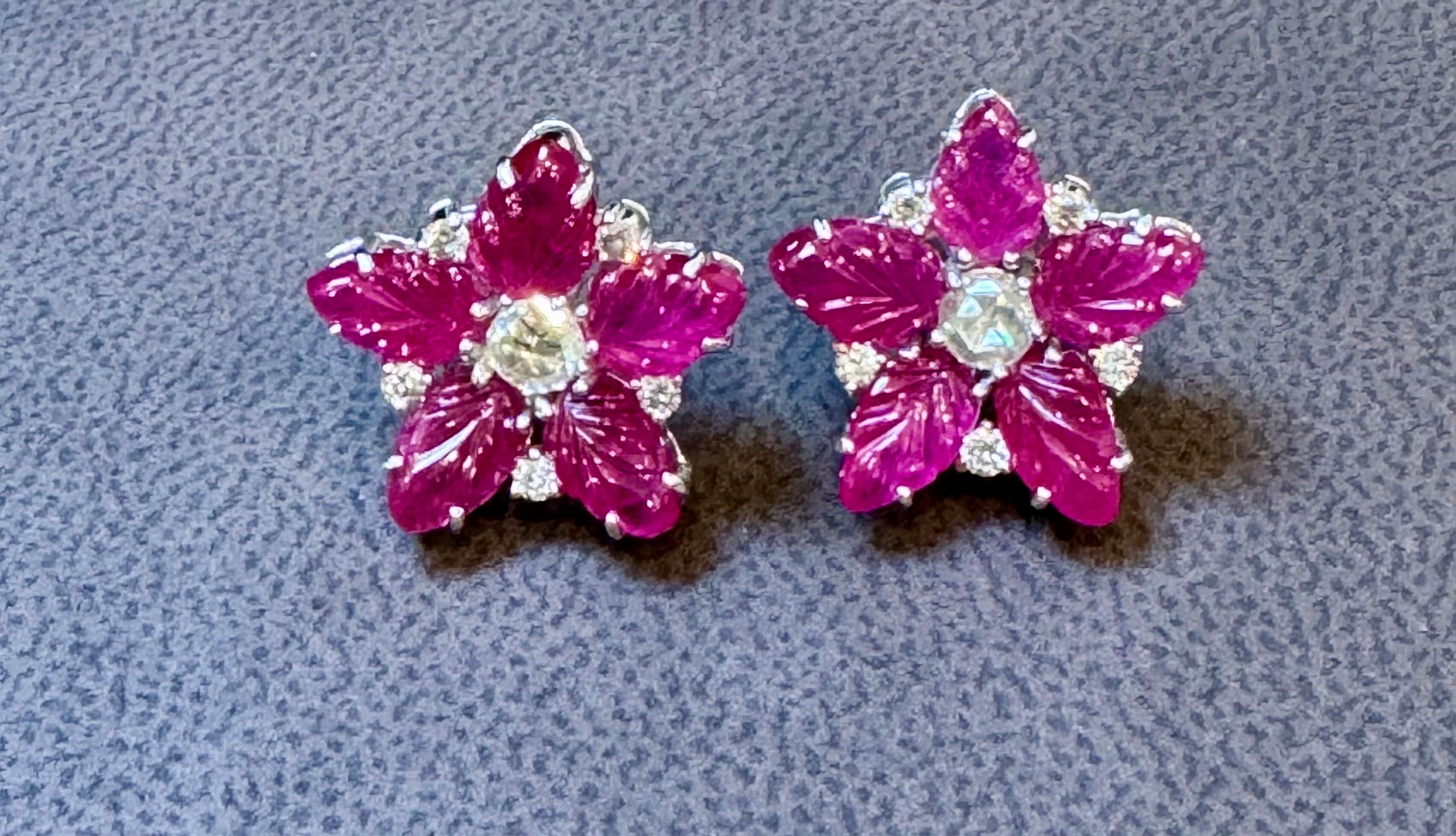 Tutti Frutti Earrings Natural  Ruby  Carved Leaves & Diamond Earrings in  18 KWG For Sale 3