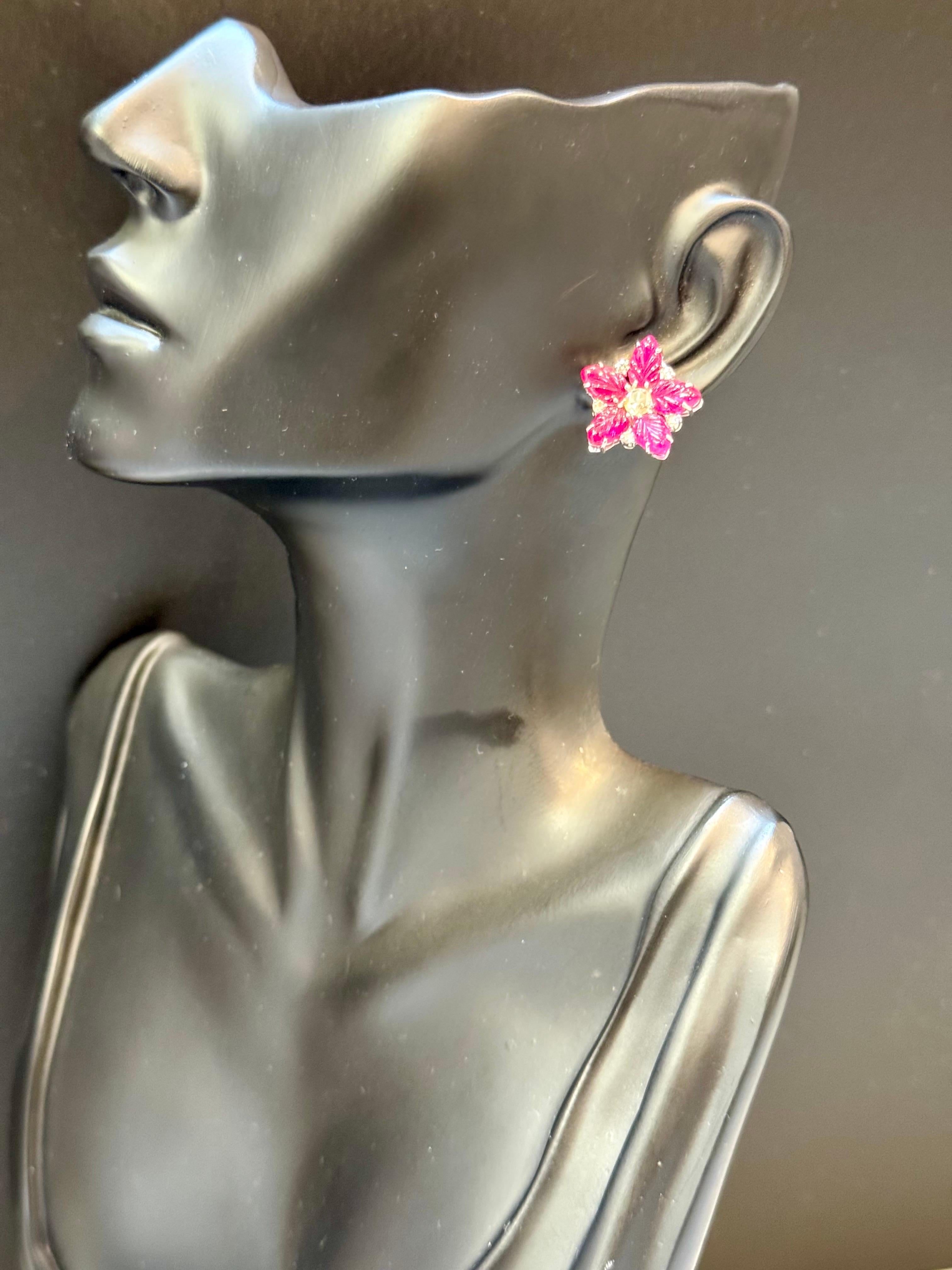 Tutti Frutti Earrings Natural  Ruby  Carved Leaves & Diamond Earrings in  18 KWG For Sale 4