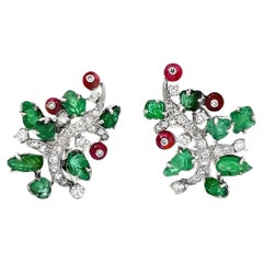 Tutti Frutti Emerald Ruby Diamond Ear Climber Clip-On Earrings