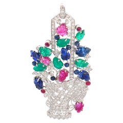 Tutti frutti emerald ruby sapphire diamond 18k white gold brooch pendant