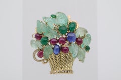 Tutti Frutti Emerald Sapphire Ruby Diamond Gold Floral Deco-Style Pendant Brooch