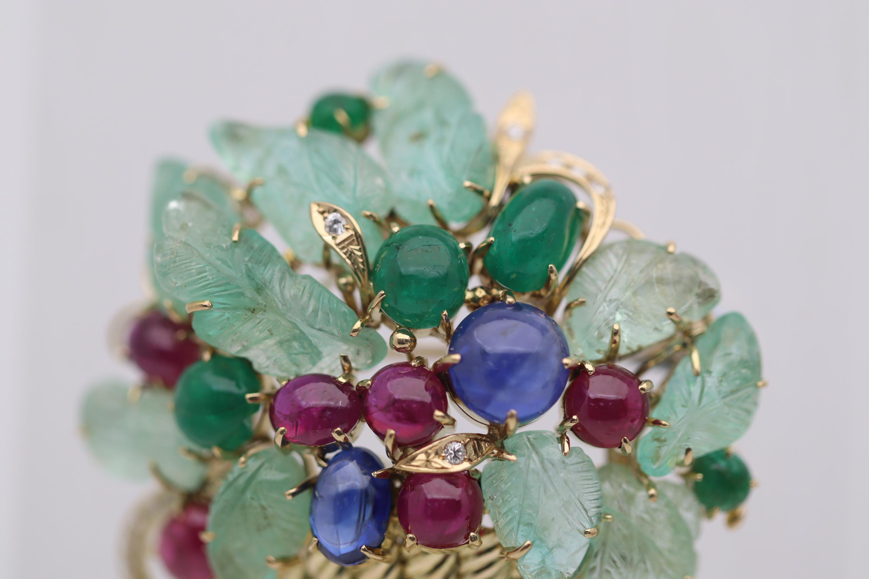 Cabochon Tutti Frutti Emerald Sapphire Ruby Diamond Gold Floral Deco-Style Pendant Brooch For Sale