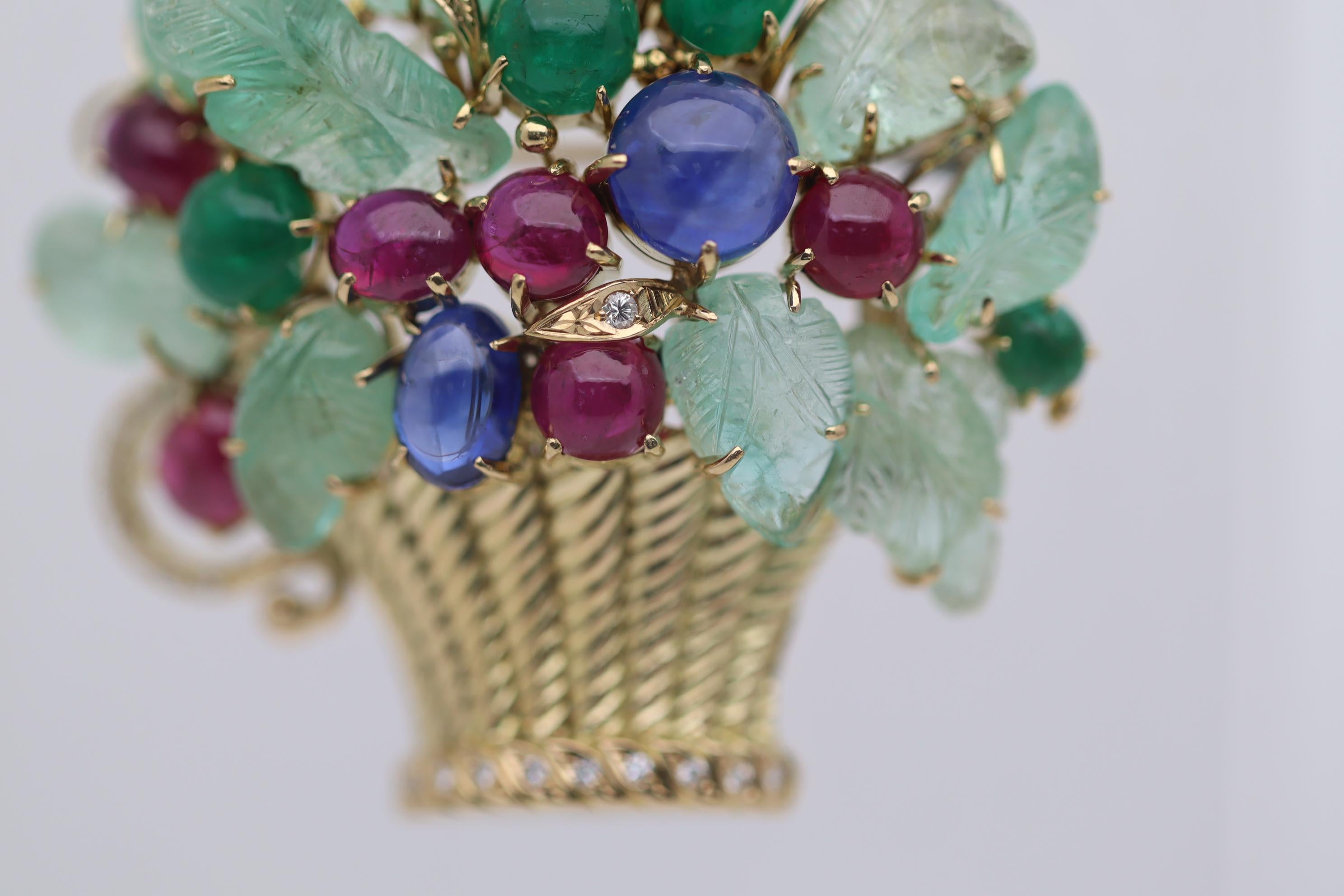 Tutti Frutti Emerald Sapphire Ruby Diamond Gold Floral Deco-Style Pendant Brooch In New Condition For Sale In Beverly Hills, CA