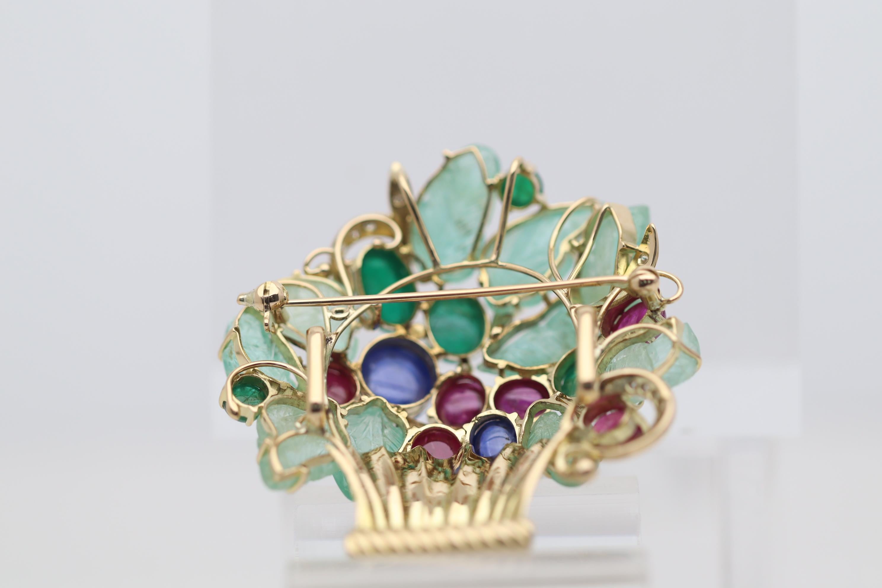 Women's Tutti Frutti Emerald Sapphire Ruby Diamond Gold Floral Deco-Style Pendant Brooch For Sale