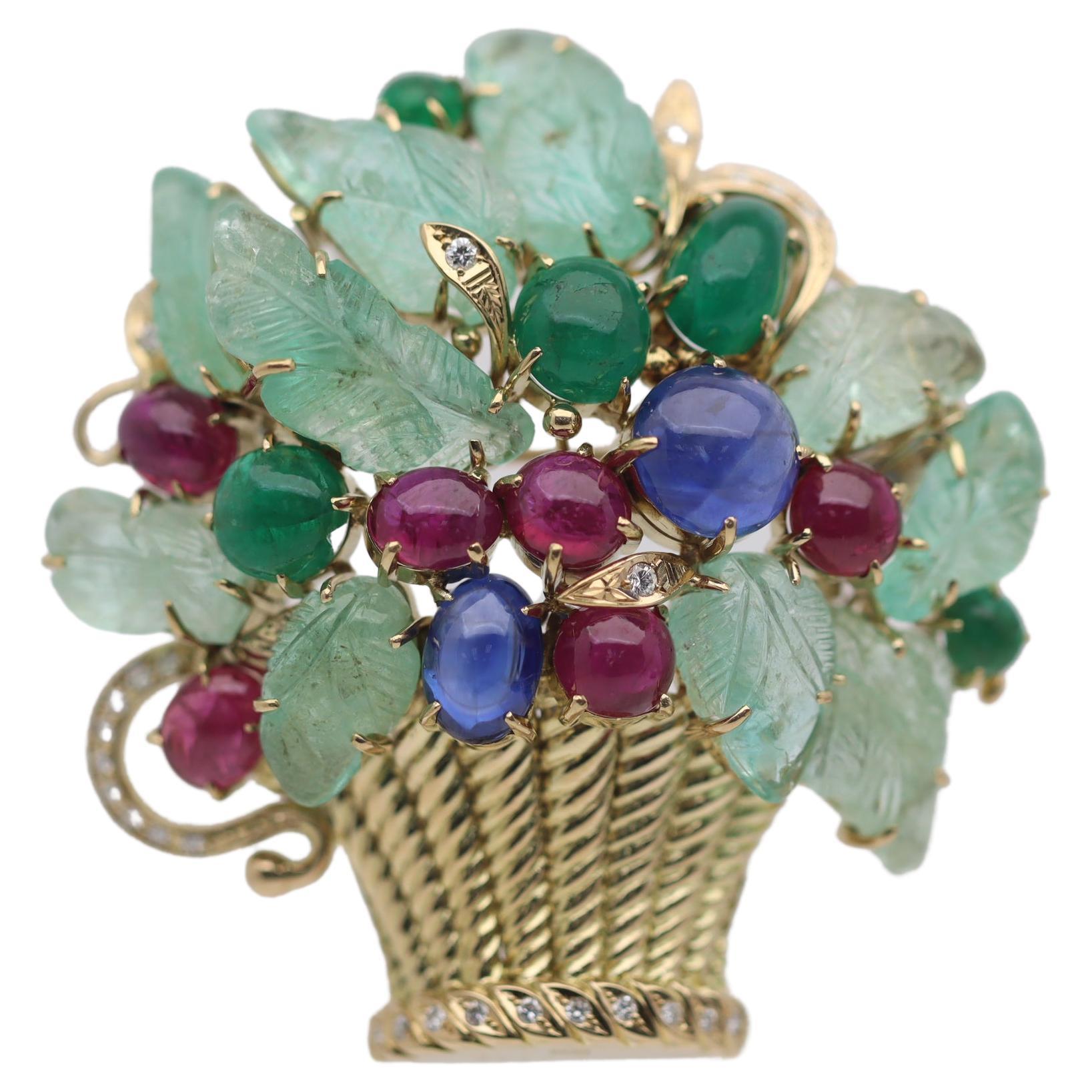 Tutti Frutti Emerald Sapphire Ruby Diamond Gold Floral Deco-Style Pendant Brooch For Sale