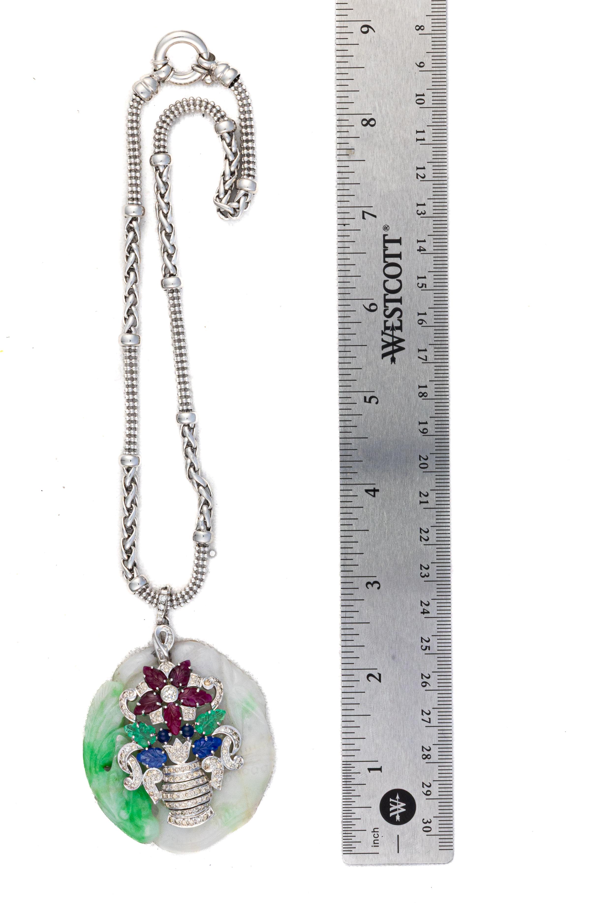Round Cut Tutti Frutti Jade Giardinetto Flower Pendant Necklace For Sale