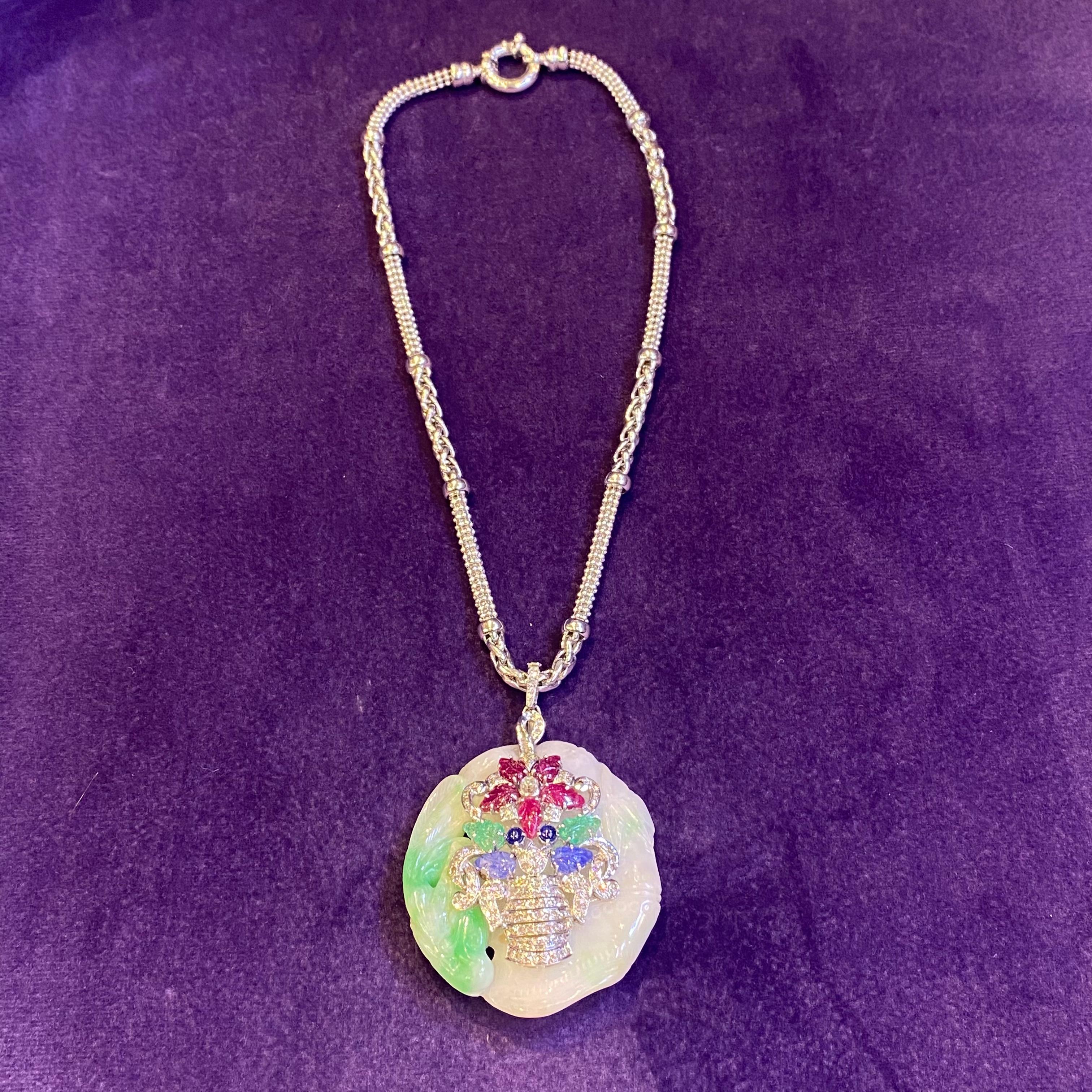Women's Tutti Frutti Jade Giardinetto Flower Pendant Necklace For Sale
