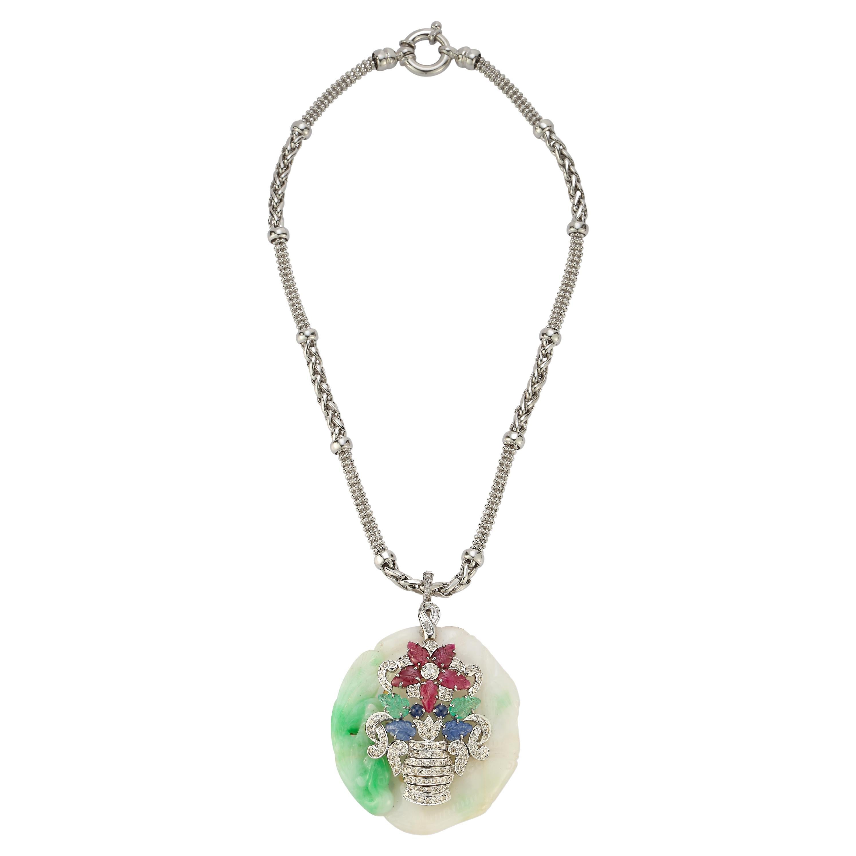 Tutti Frutti Jade Giardinetto Flower Pendant Necklace For Sale