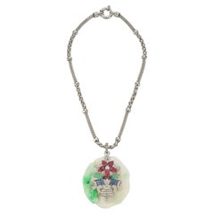 Retro Tutti Frutti Jade Giardinetto Flower Pendant Necklace