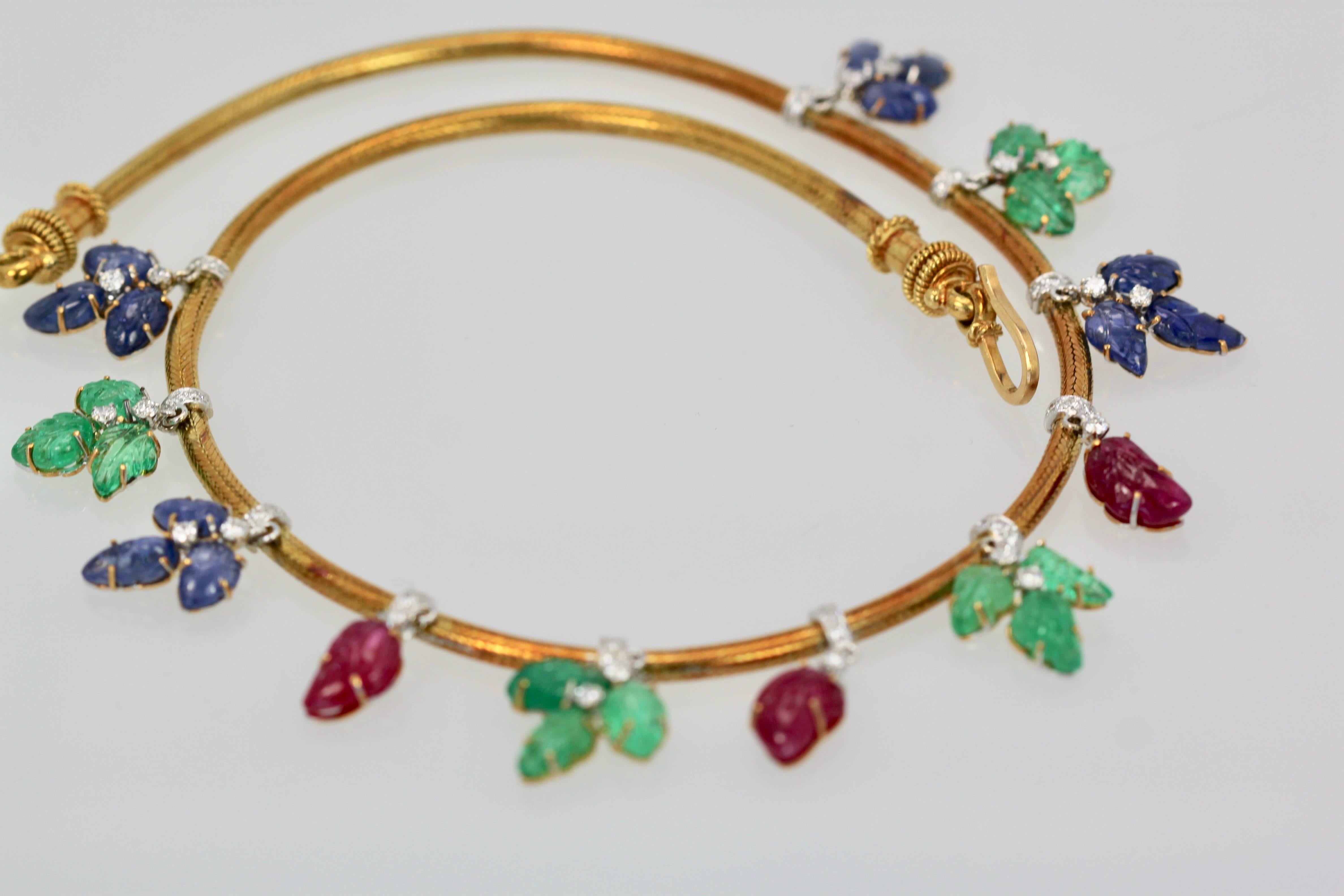 Necklace Diamonds Carved Emeralds, Rubies, Sapphires 18 Karat Gold 7