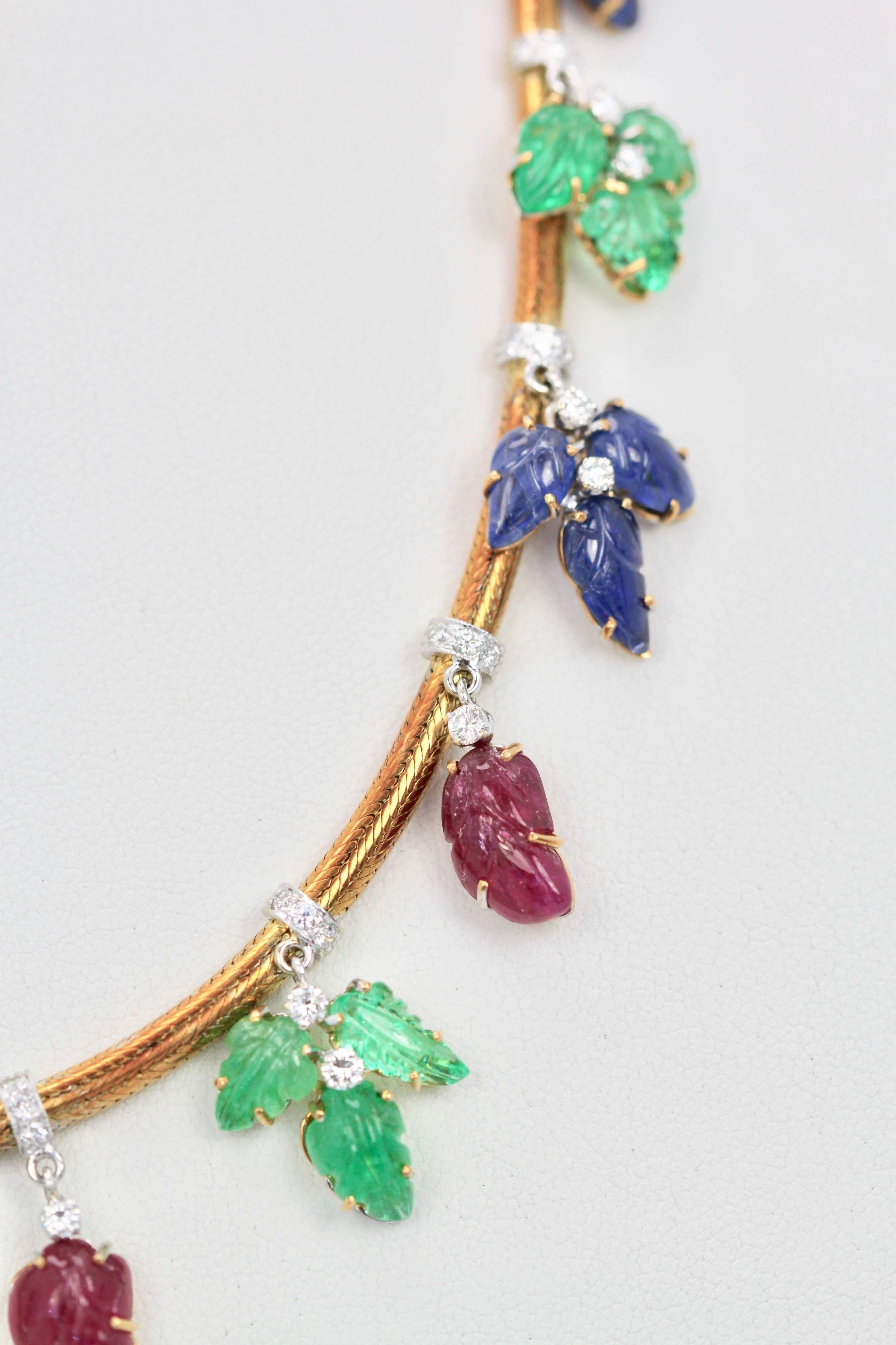 Necklace Diamonds Carved Emeralds, Rubies, Sapphires 18 Karat Gold 1