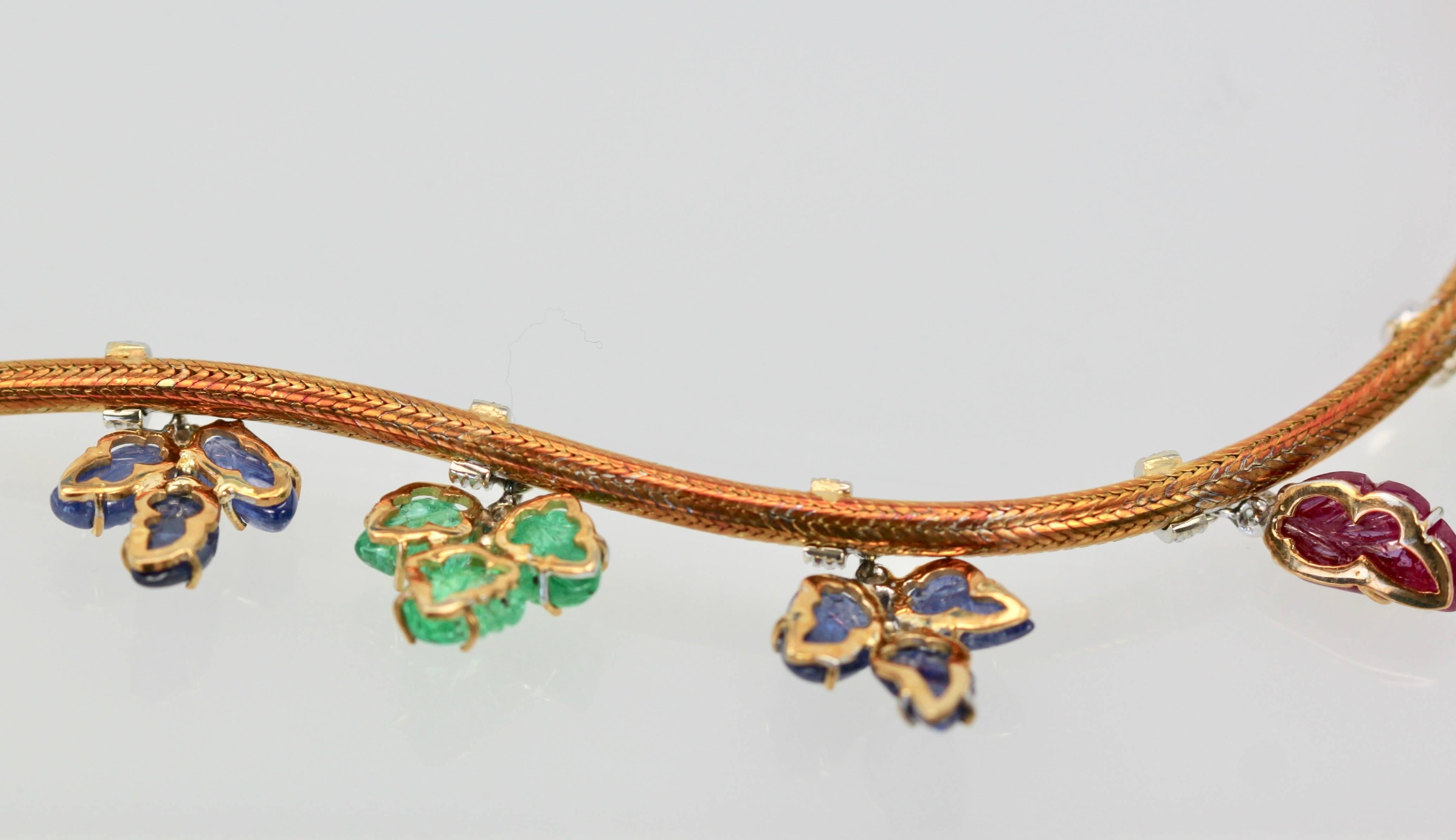 Necklace Diamonds Carved Emeralds, Rubies, Sapphires 18 Karat Gold 4