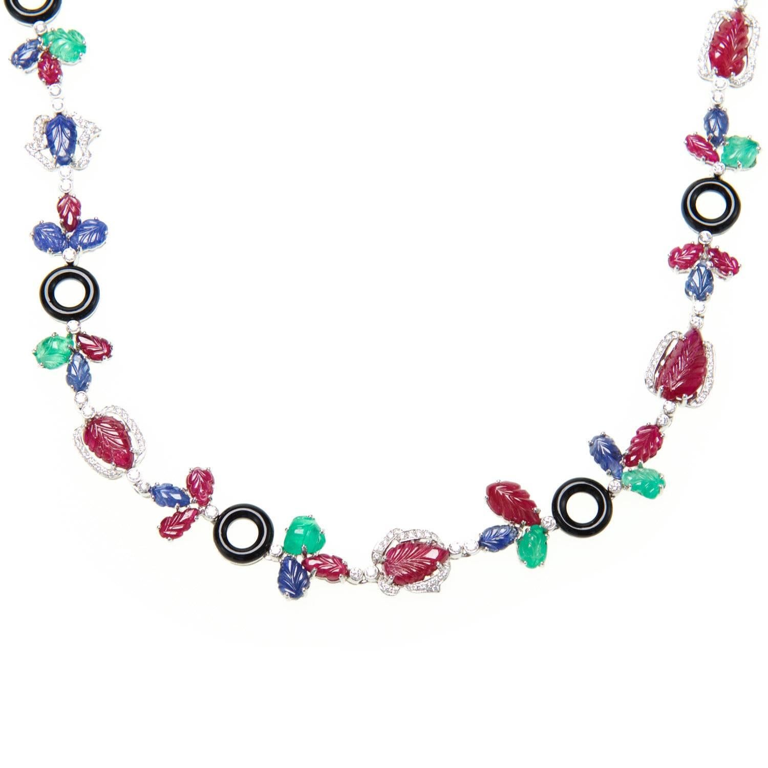 Multi Gem Necklace With Diamonds, Rubies, Sapphires, Emeralds, and Onyx