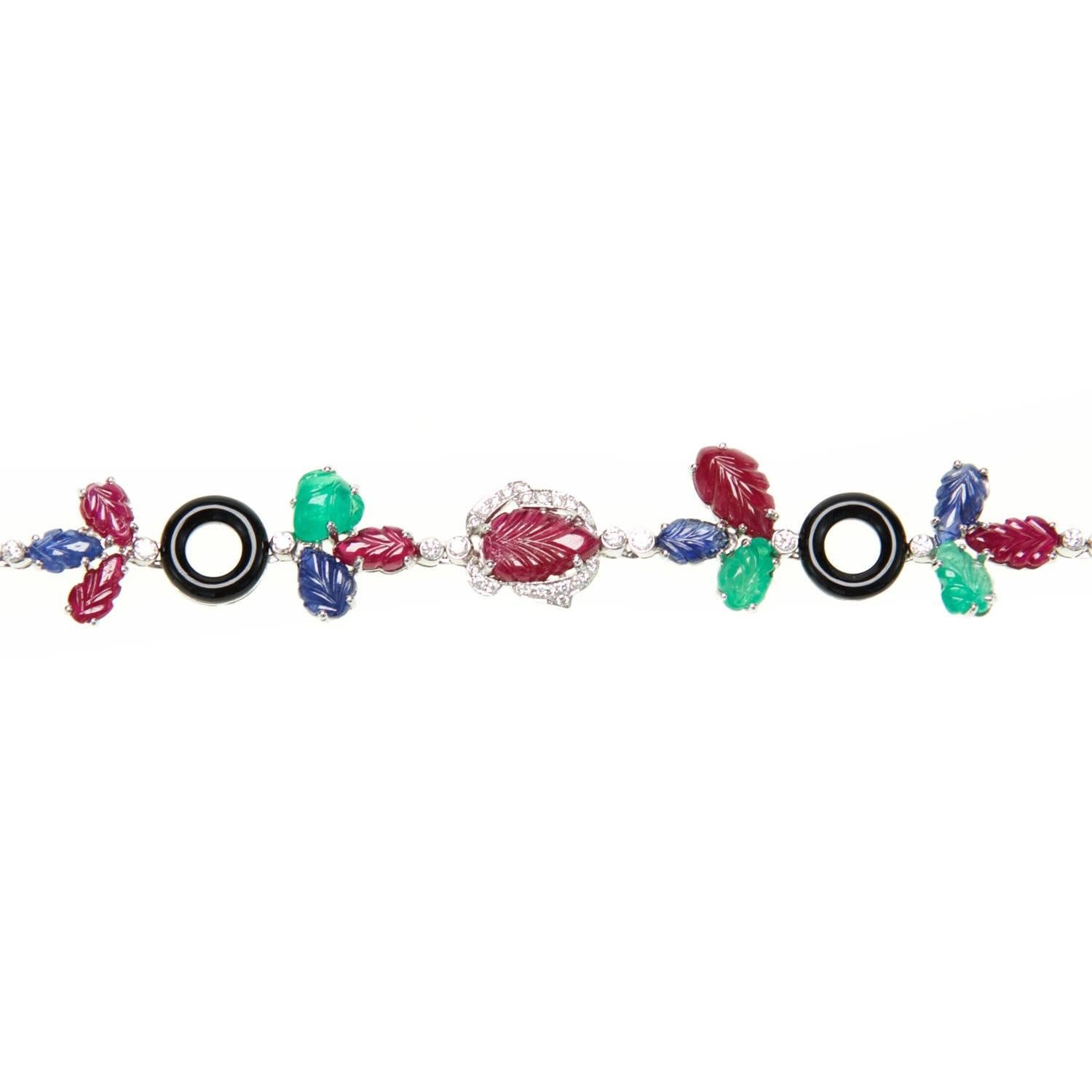 Contemporary Multi Gem Necklace With Diamonds, Rubies, Sapphires, Emeralds, and Onyx For Sale