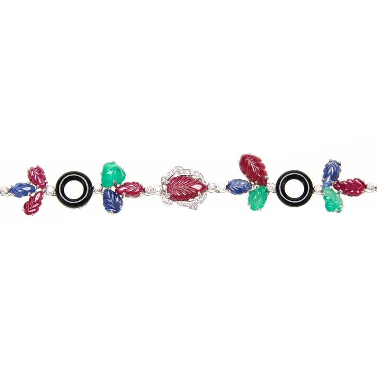 Multi Gem Necklace With Diamonds, Rubies, Sapphires, Emeralds, and Onyx In New Condition For Sale In Houston, TX