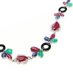 Multi Gem Necklace With Diamonds, Rubies, Sapphires, Emeralds, and Onyx