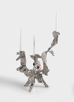 Tutti Frutti Nickel Candelabra in Brass & Semi Precious Stones
