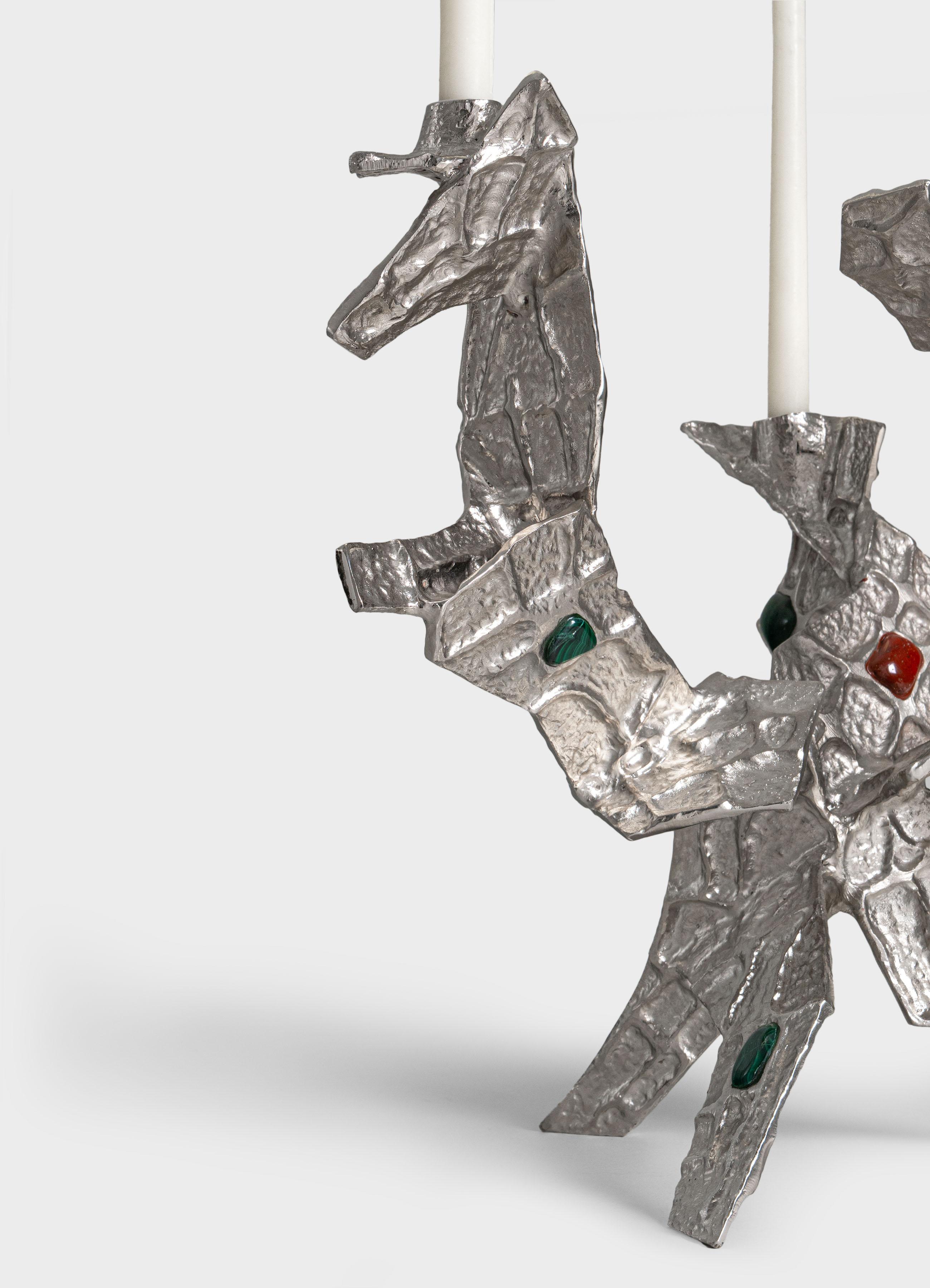 Calco Candelabro Tutti Frutti Nickel in Ottone e Pietre Semipreziose in vendita