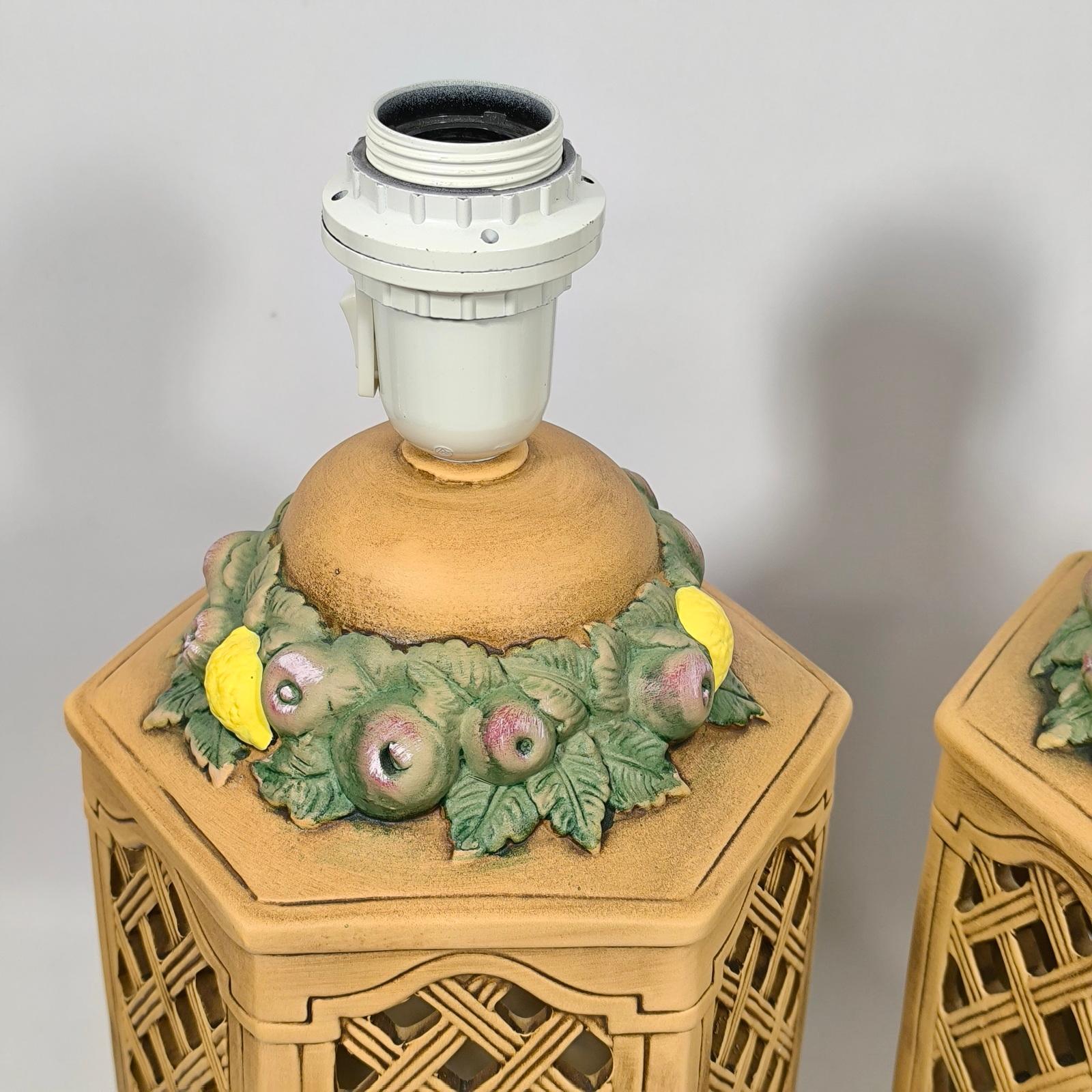 Tutti-Frutti Pair of Italian Ceramic Table Lamps, Fruit Decor, Hand-Painted For Sale 1