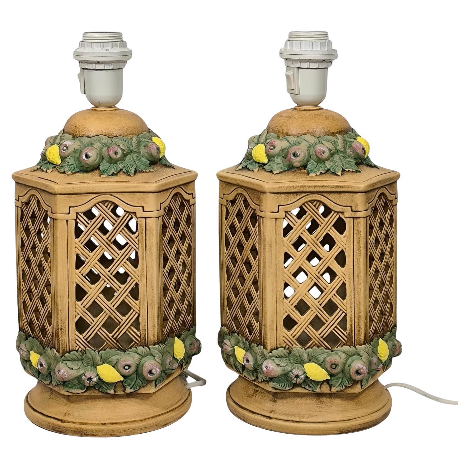 Tutti-Frutti Pair of Italian Ceramic Table Lamps, Fruit Decor, Hand-Painted For Sale