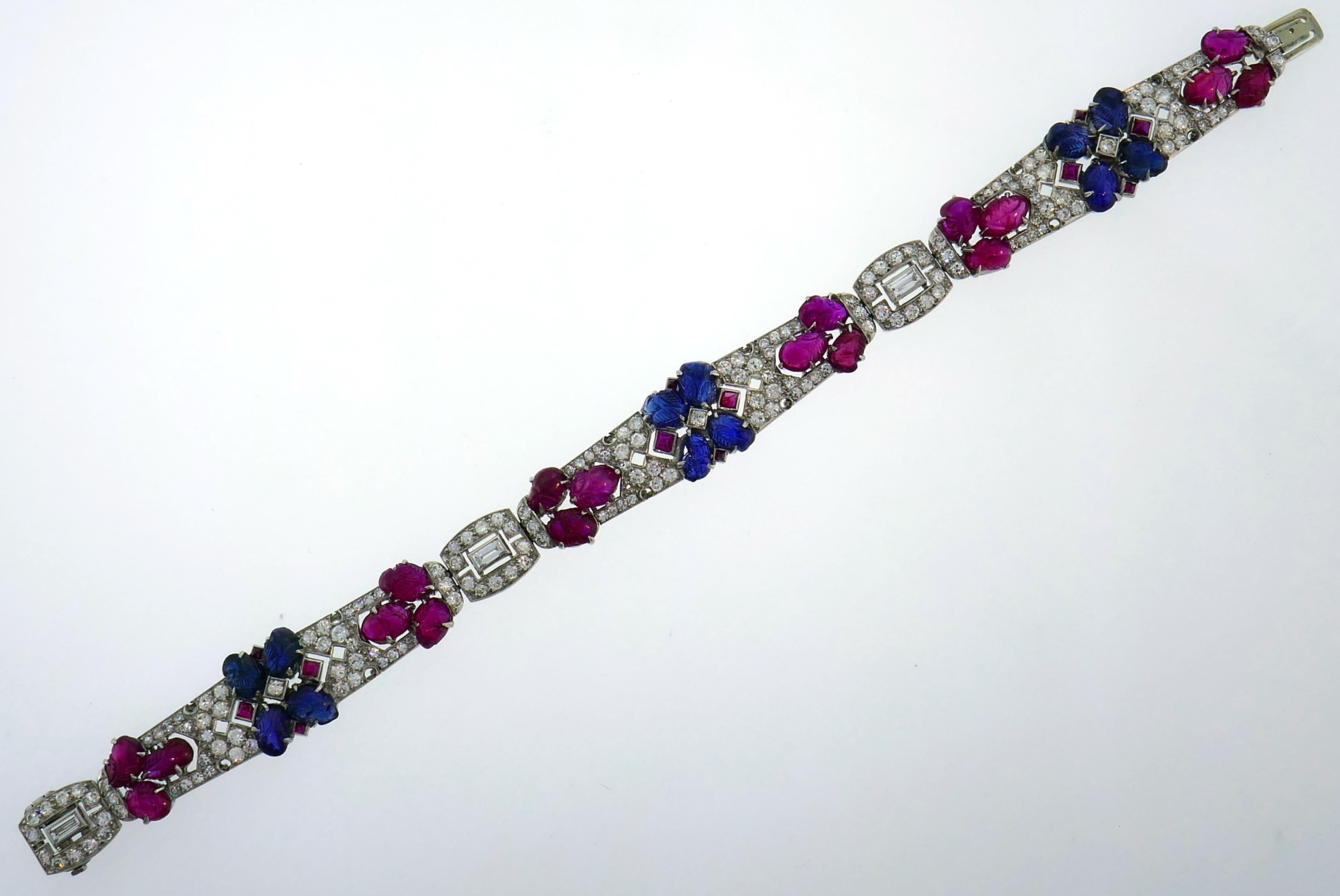 Women's Tutti Frutti Platinum Bracelet with Sapphire Ruby Diamond Art Deco