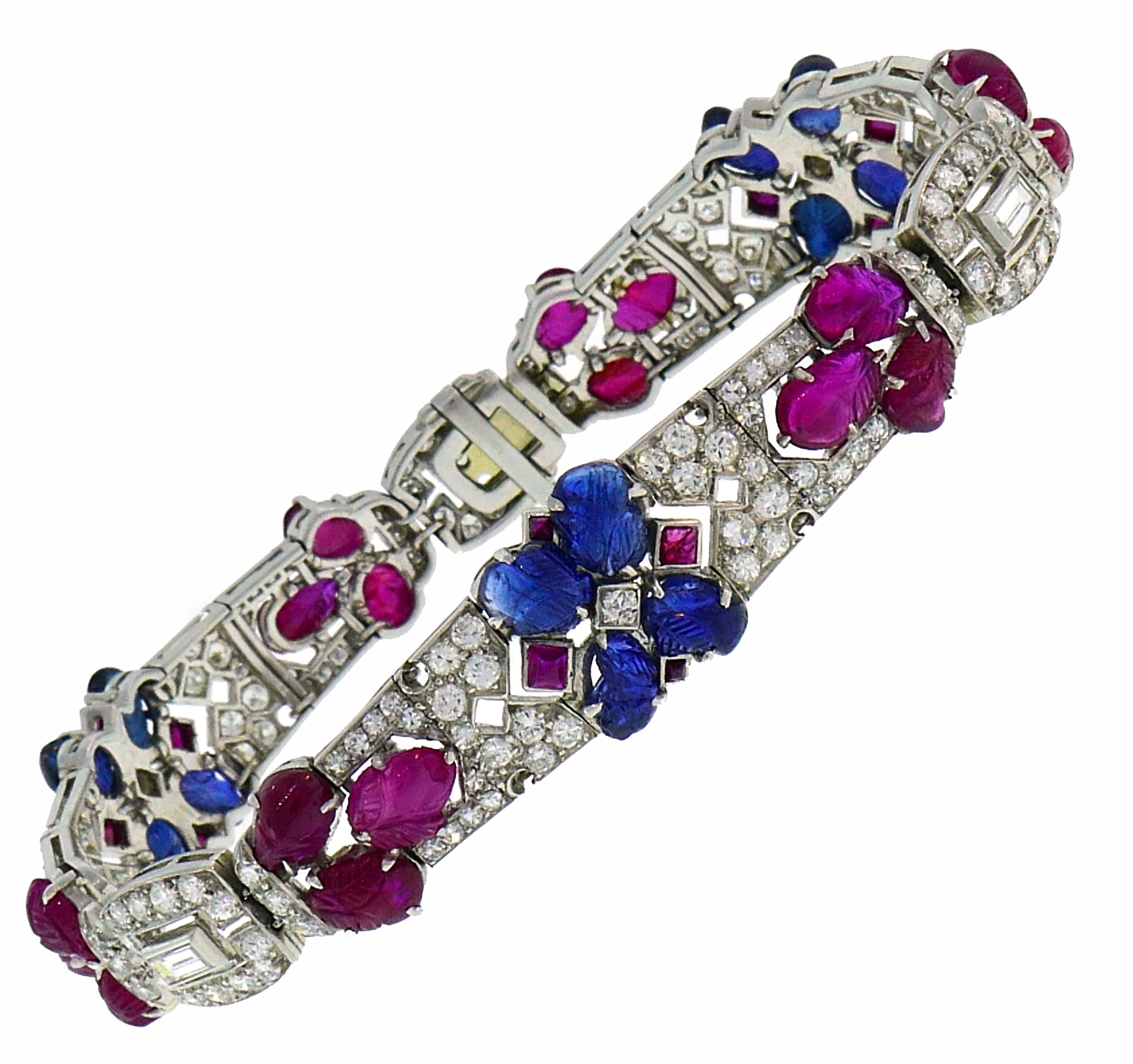 Tutti Frutti Platinum Bracelet with Sapphire Ruby Diamond Art Deco