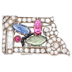 Tutti Frutti Platinum Brooch Diamonds Ruby Emerald Sapphire