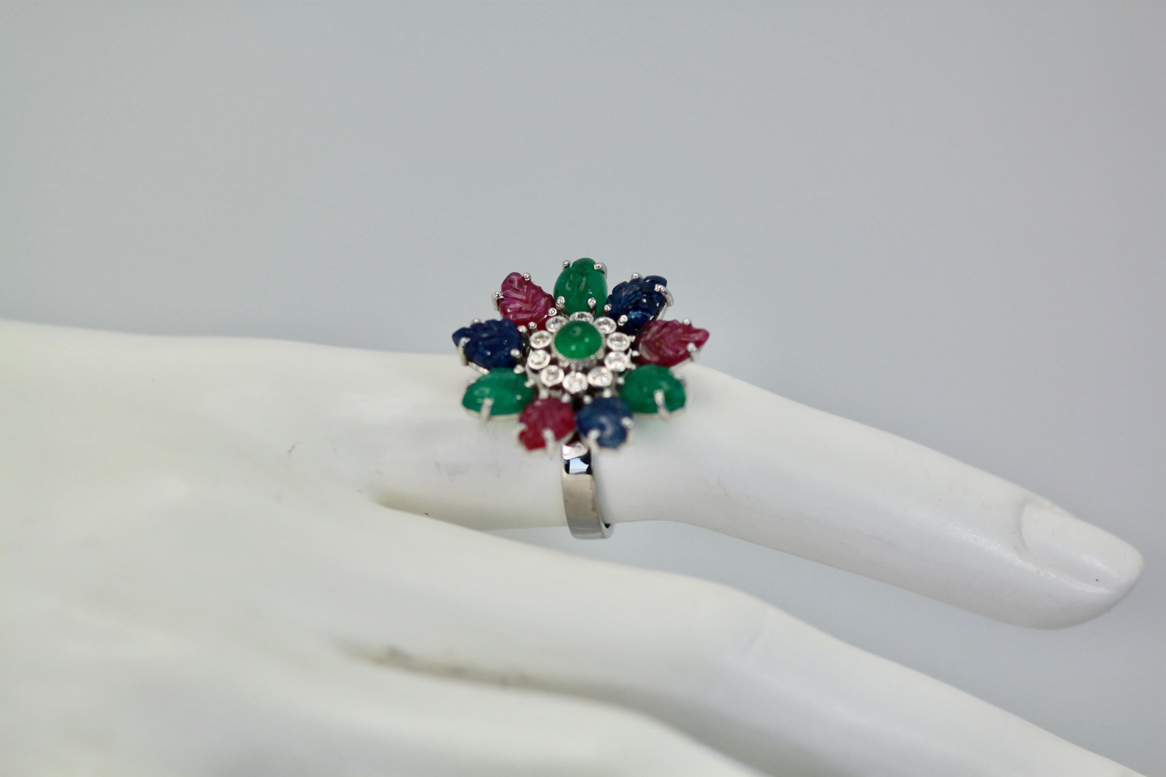 Art Deco Tutti Frutti Ring, Emeralds, Rubies, Sapphires and Diamonds For Sale