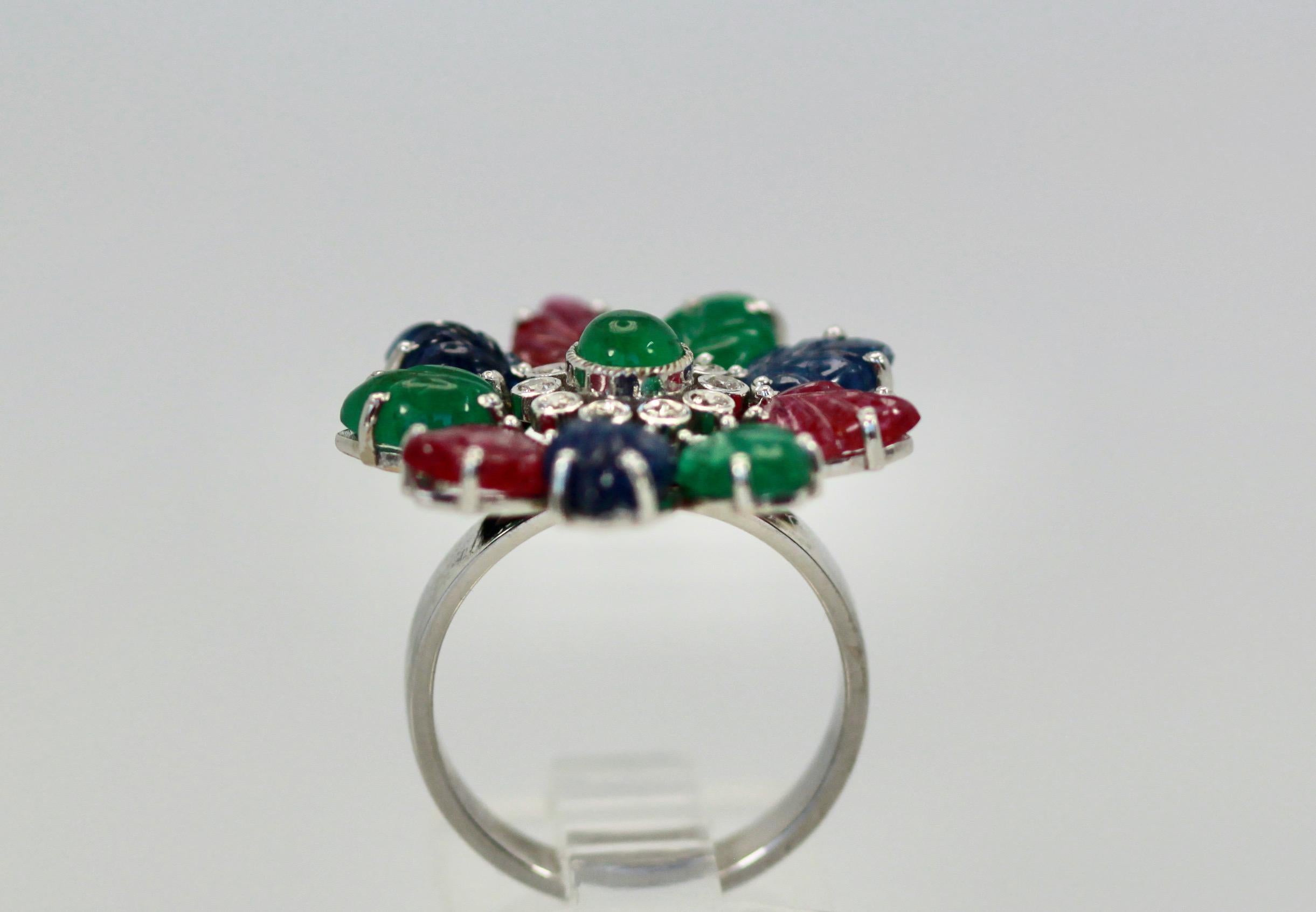 Tutti Frutti Ring, Emeralds, Rubies, Sapphires and Diamonds In Excellent Condition For Sale In North Hollywood, CA