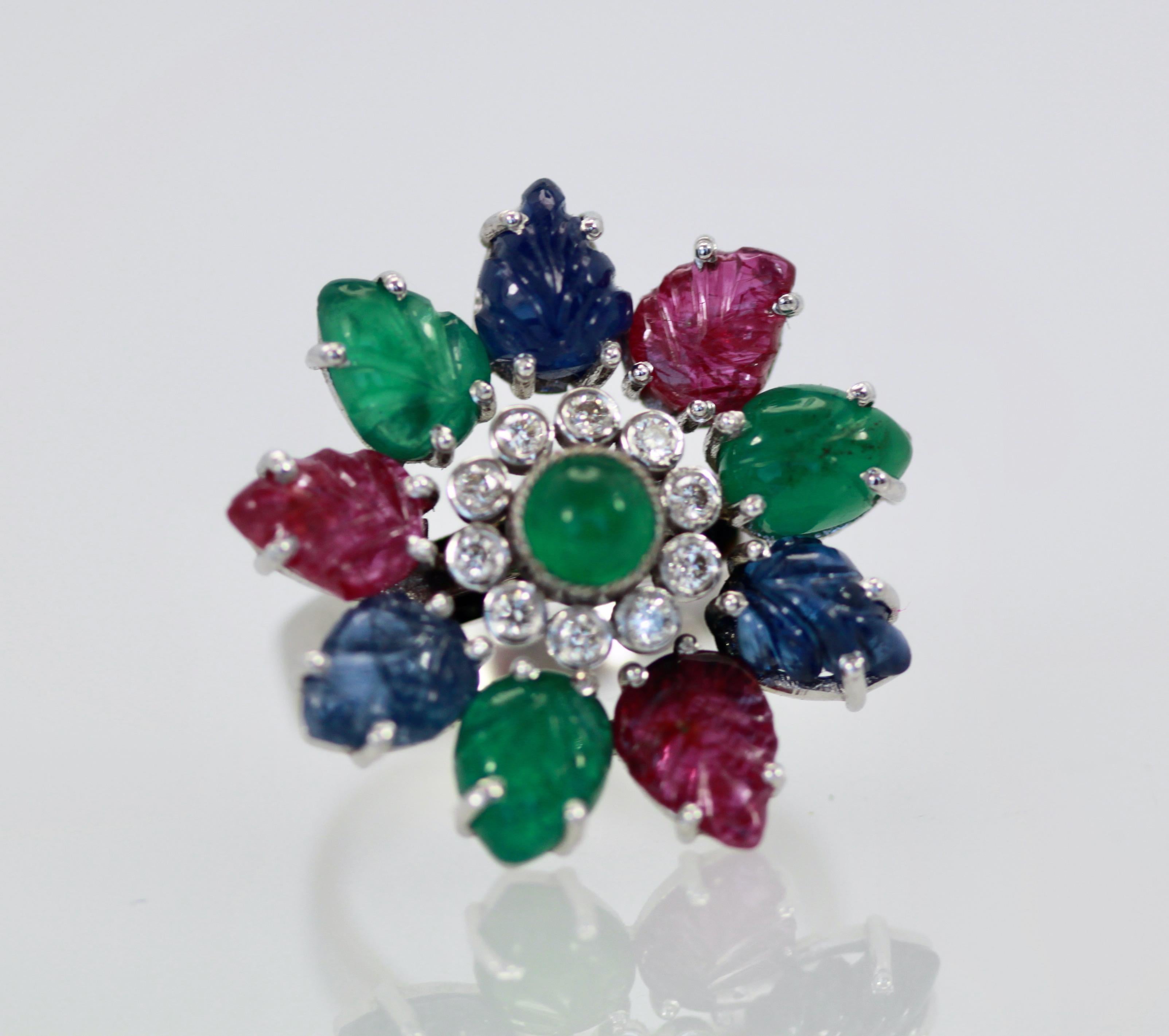 Women's or Men's Tutti Frutti Ring, Emeralds, Rubies, Sapphires and Diamonds For Sale