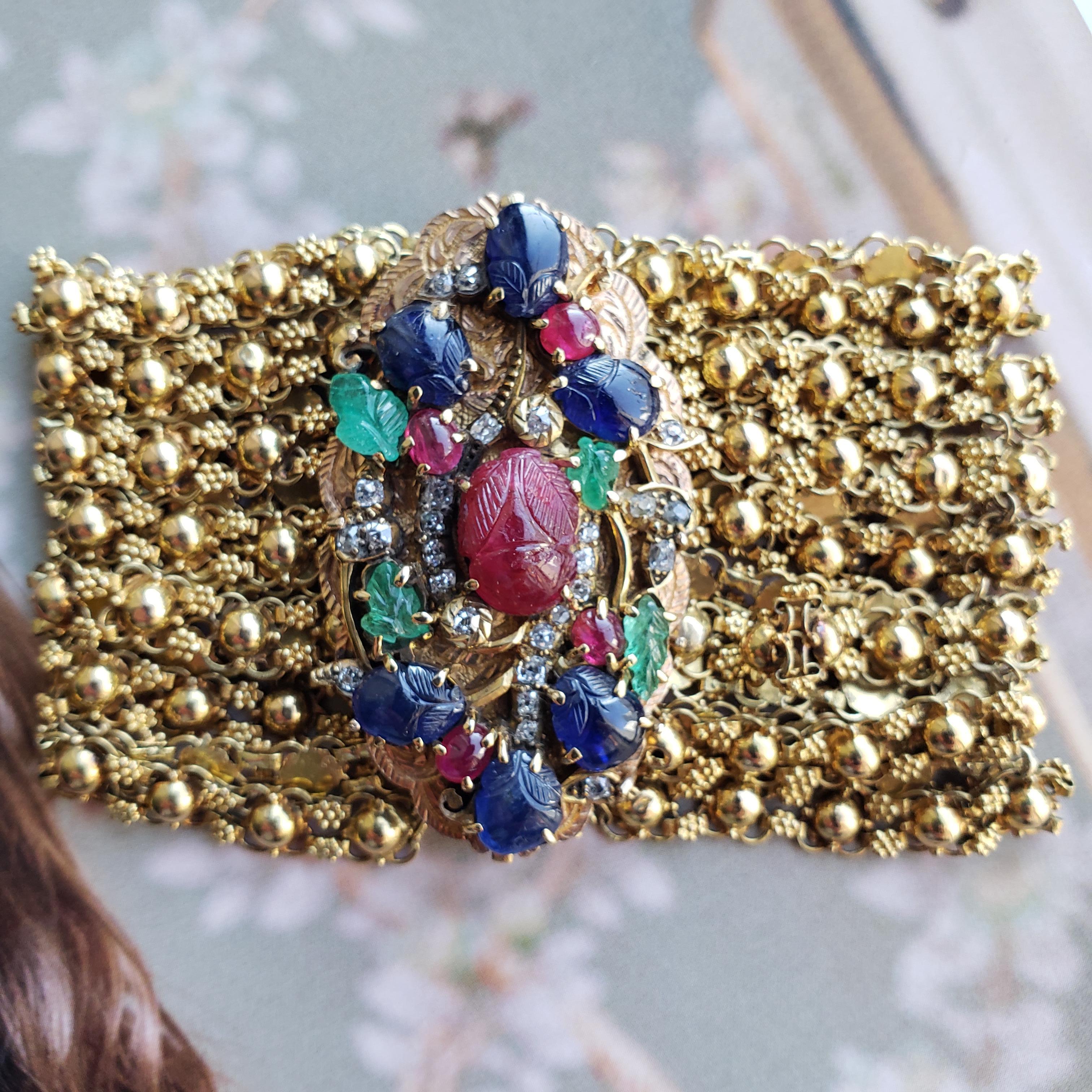 Tutti Frutti Rubini Zaffiri Smeraldi Diam  Bracciale realizzato in oro giallo 20 carati in vendita 6