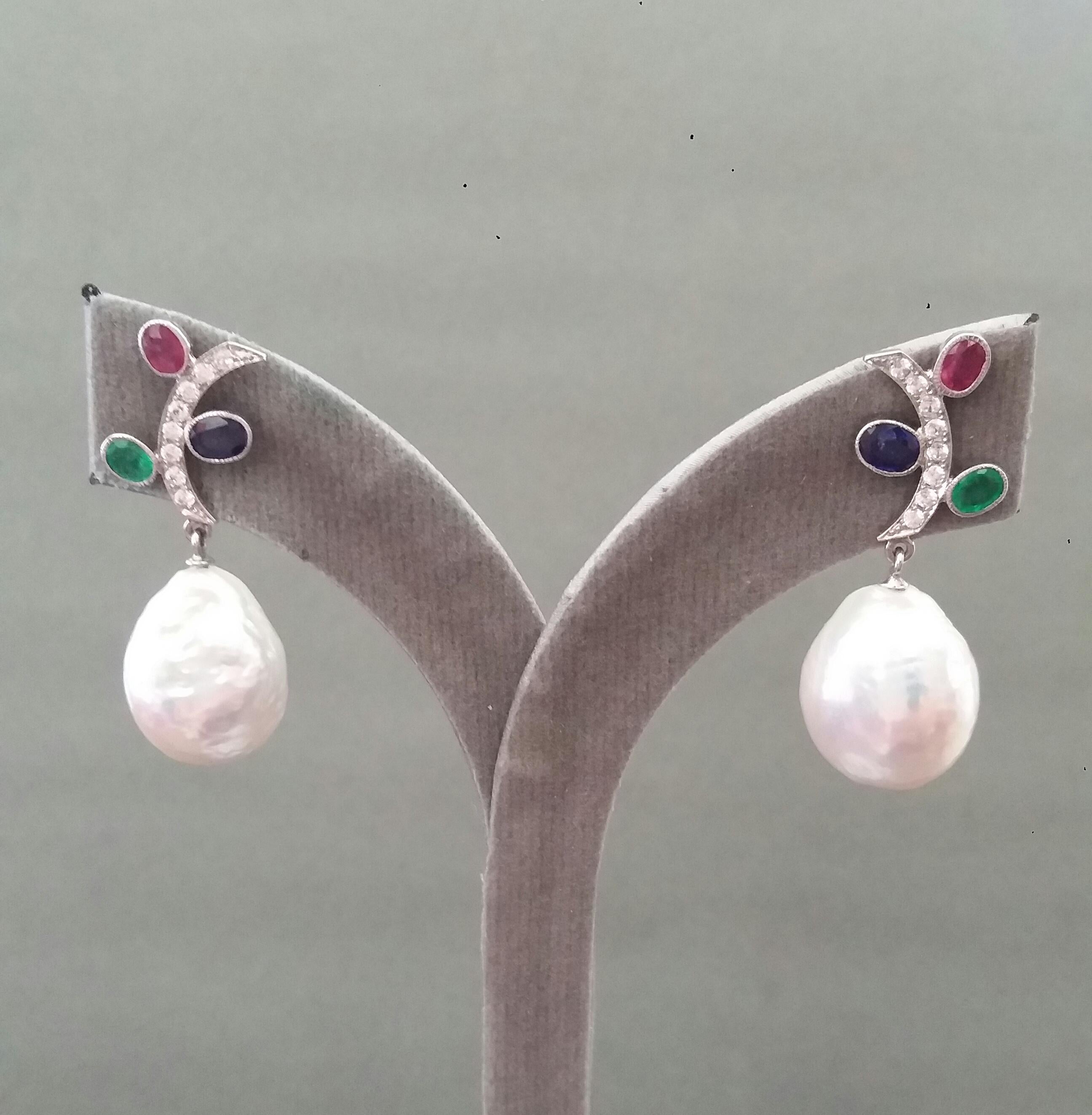 Tutti Frutti Rubies Sapphires Emeralds 14K Gold Diamonds Baroque Pearls Earrings For Sale 1