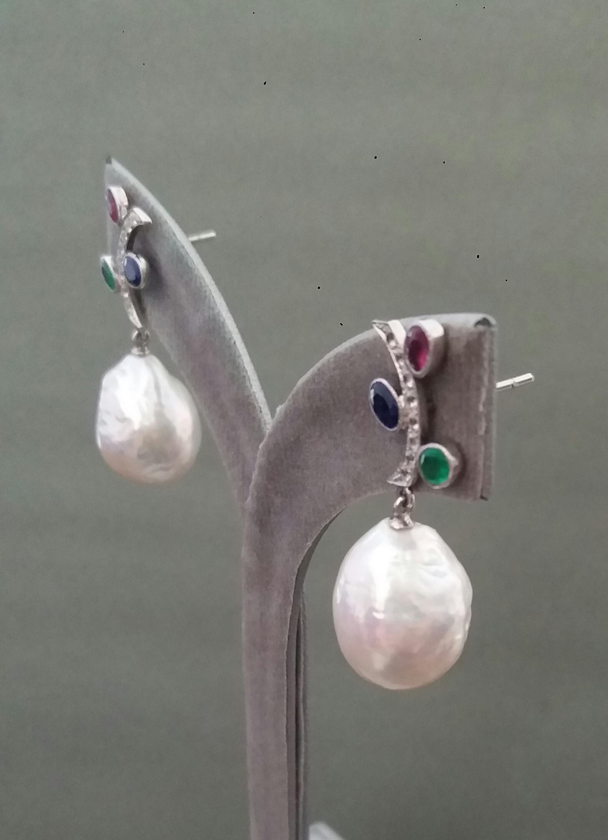 Tutti Frutti Rubies Sapphires Emeralds 14K Gold Diamonds Baroque Pearls Earrings For Sale 2