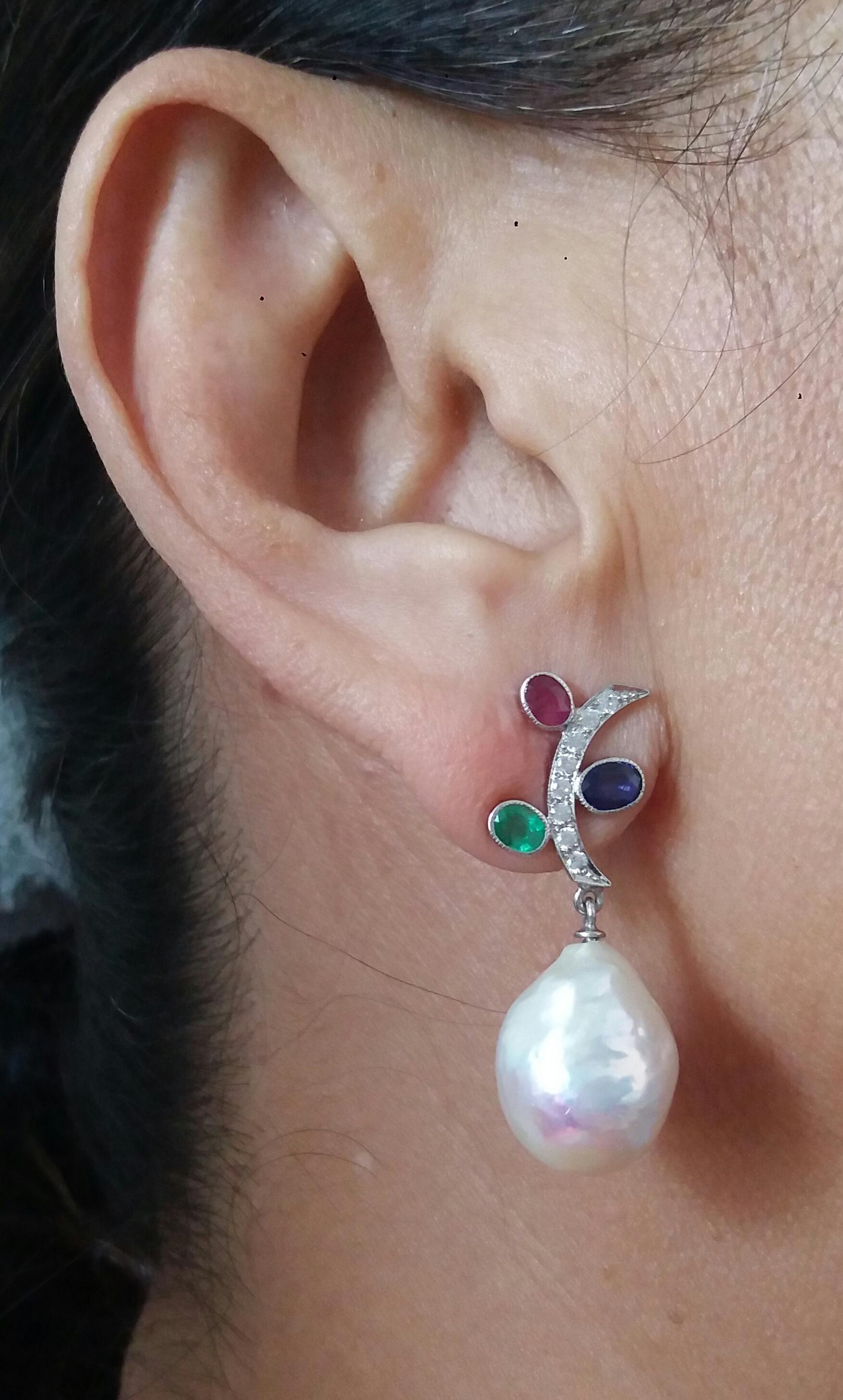 Tutti Frutti Rubies Sapphires Emeralds 14K Gold Diamonds Baroque Pearls Earrings For Sale 4