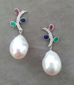 Tutti Frutti Rubies Sapphires Emeralds 14K Gold Diamonds Baroque Pearls Earrings