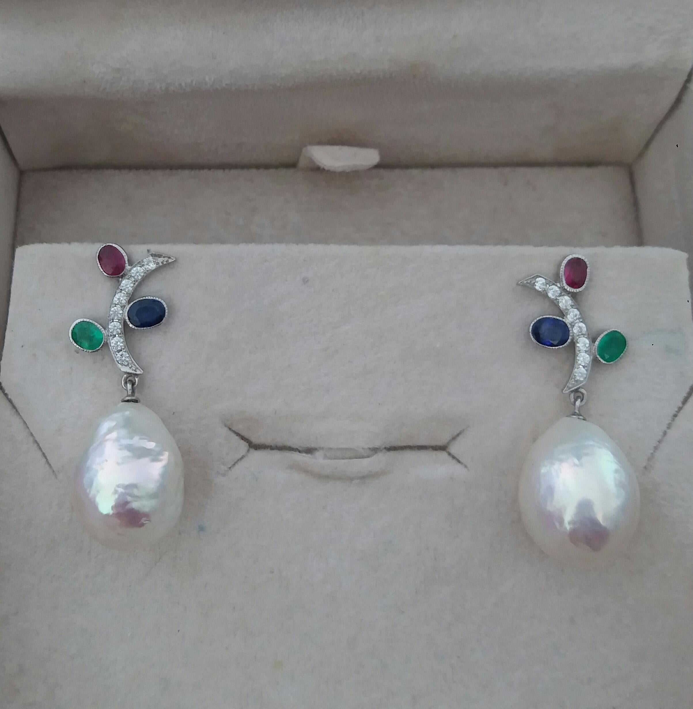 Art Deco Tutti Frutti Rubies Sapphires Emeralds 14K Gold Diamonds Baroque Pearls Earrings For Sale