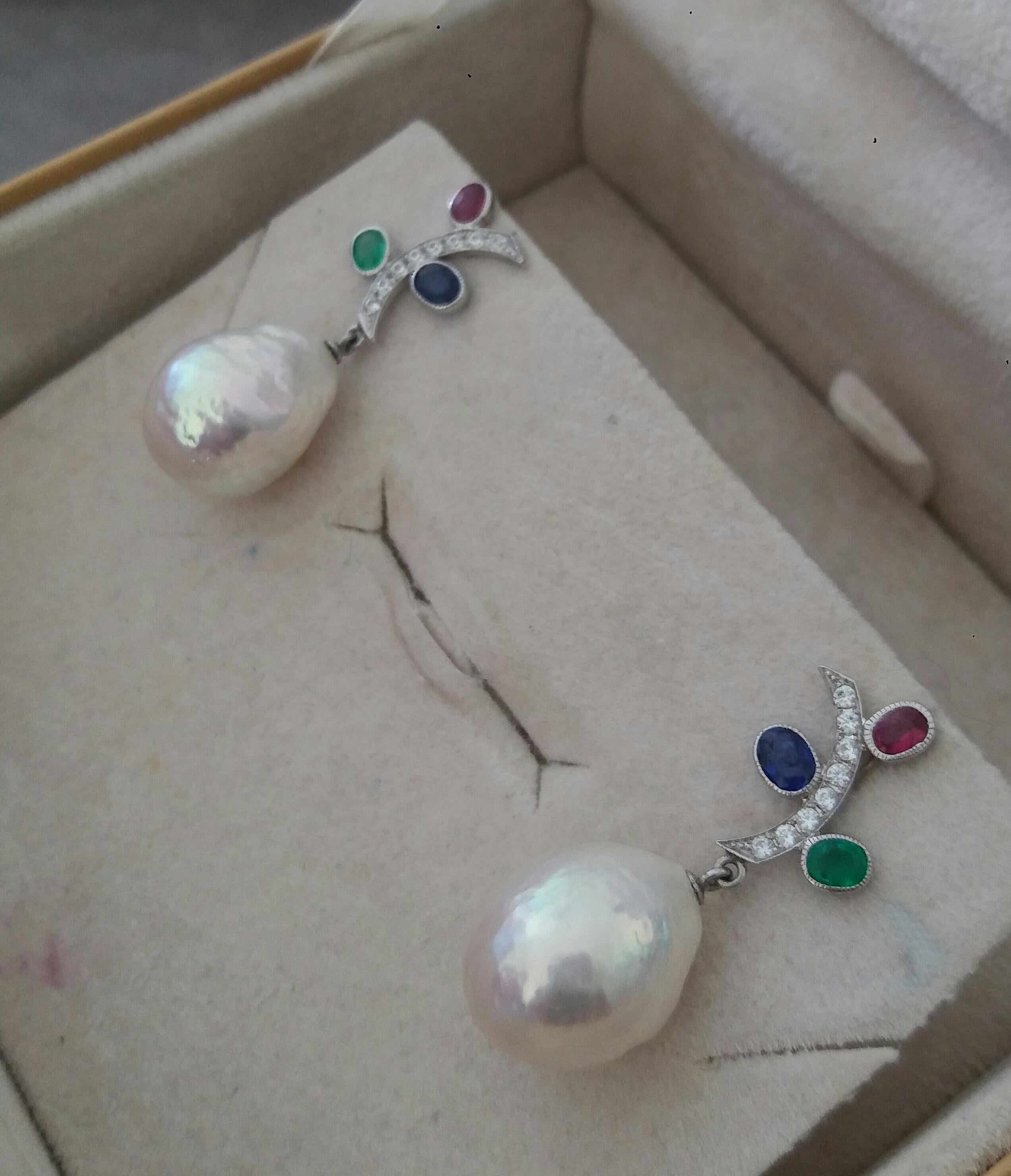 Oval Cut Tutti Frutti Rubies Sapphires Emeralds 14K Gold Diamonds Baroque Pearls Earrings For Sale