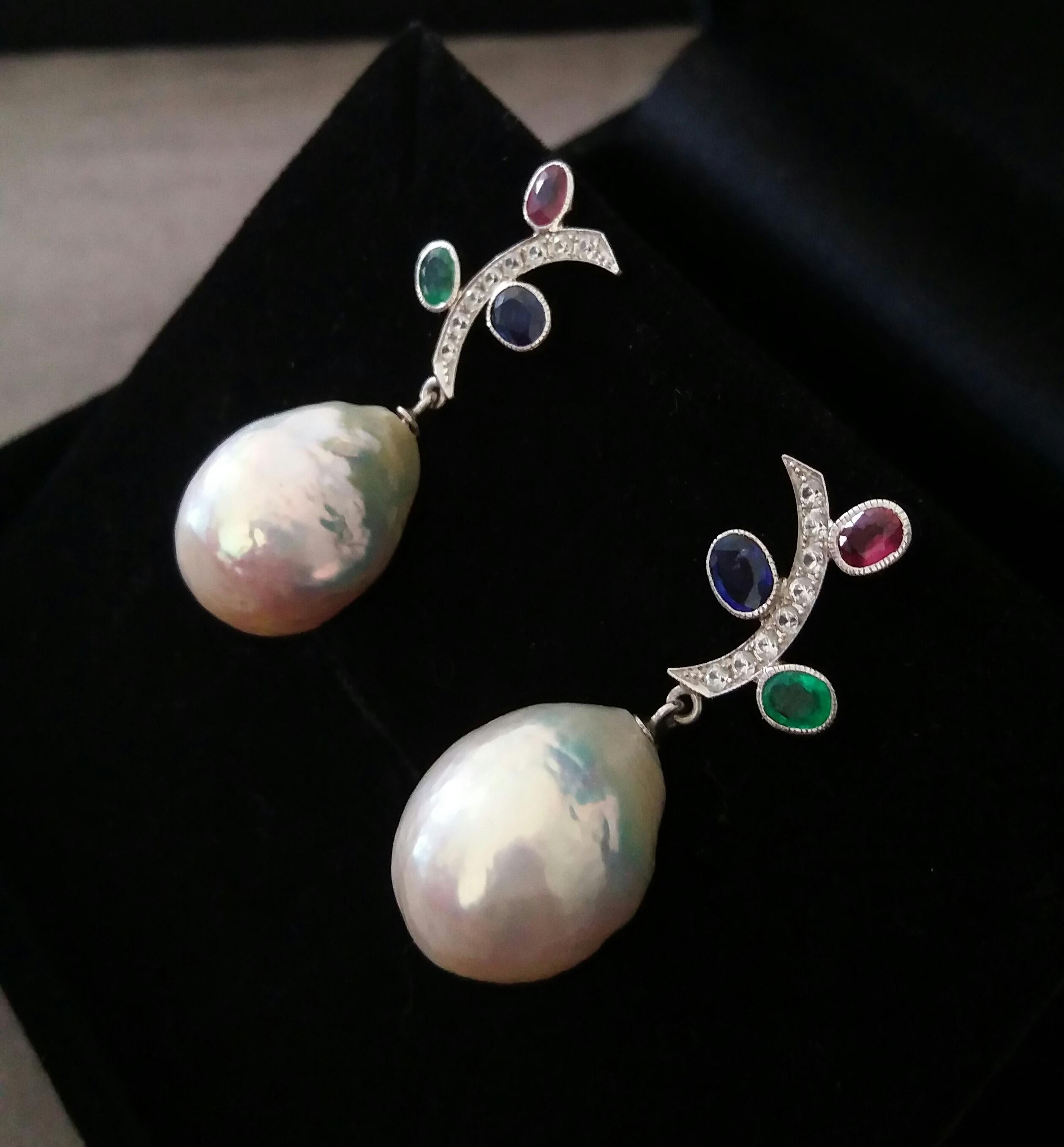 Women's Tutti Frutti Rubies Sapphires Emeralds 14K Gold Diamonds Baroque Pearls Earrings For Sale