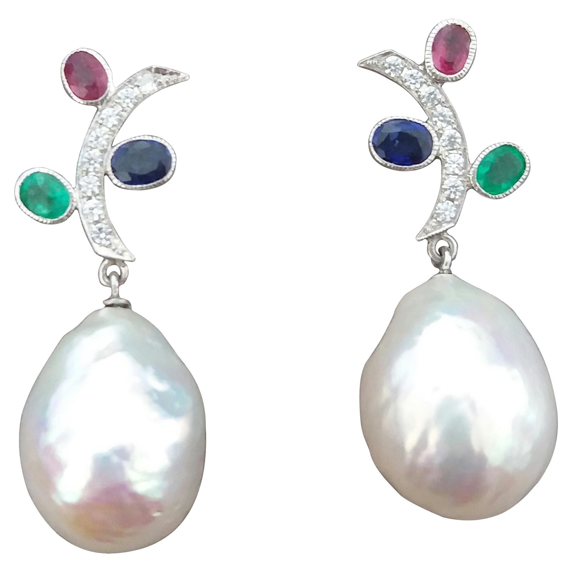 Tutti Frutti Rubies Sapphires Emeralds 14K Gold Diamonds Baroque Pearls Earrings For Sale
