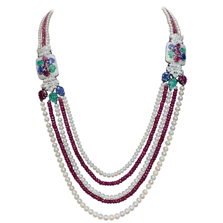 Tutti Frutti Ruby Bead and Cultured Pearl Necklace For Sale at 1stDibs