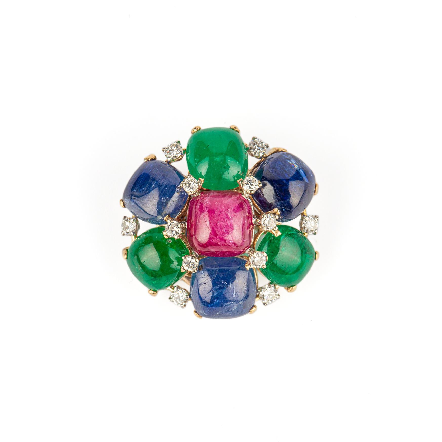 Cabochon Tutti Frutti Ruby Emerald Sapphire Diamond Earrings  For Sale