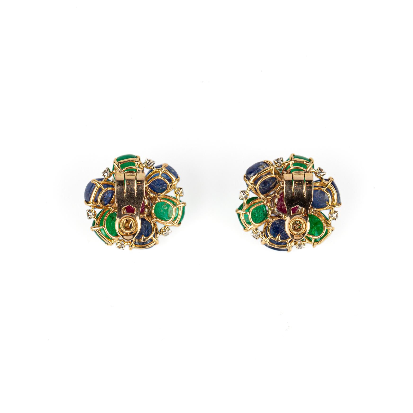 Tutti Frutti Ruby Emerald Sapphire Diamond Earrings  In Excellent Condition For Sale In New York, NY