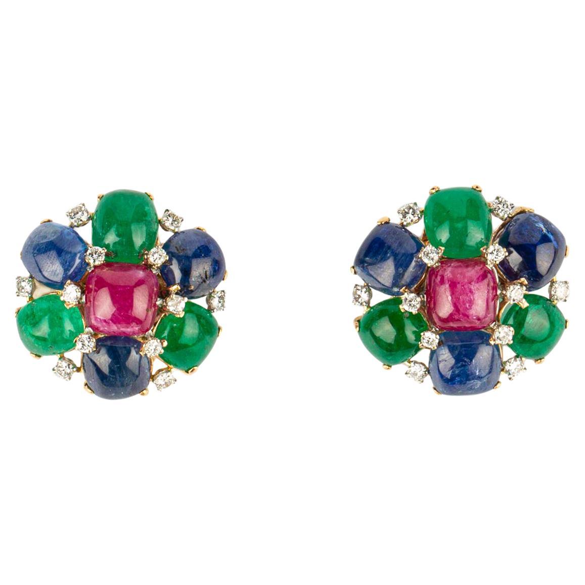 Tutti Frutti Ruby Emerald Sapphire Diamond Earrings  For Sale