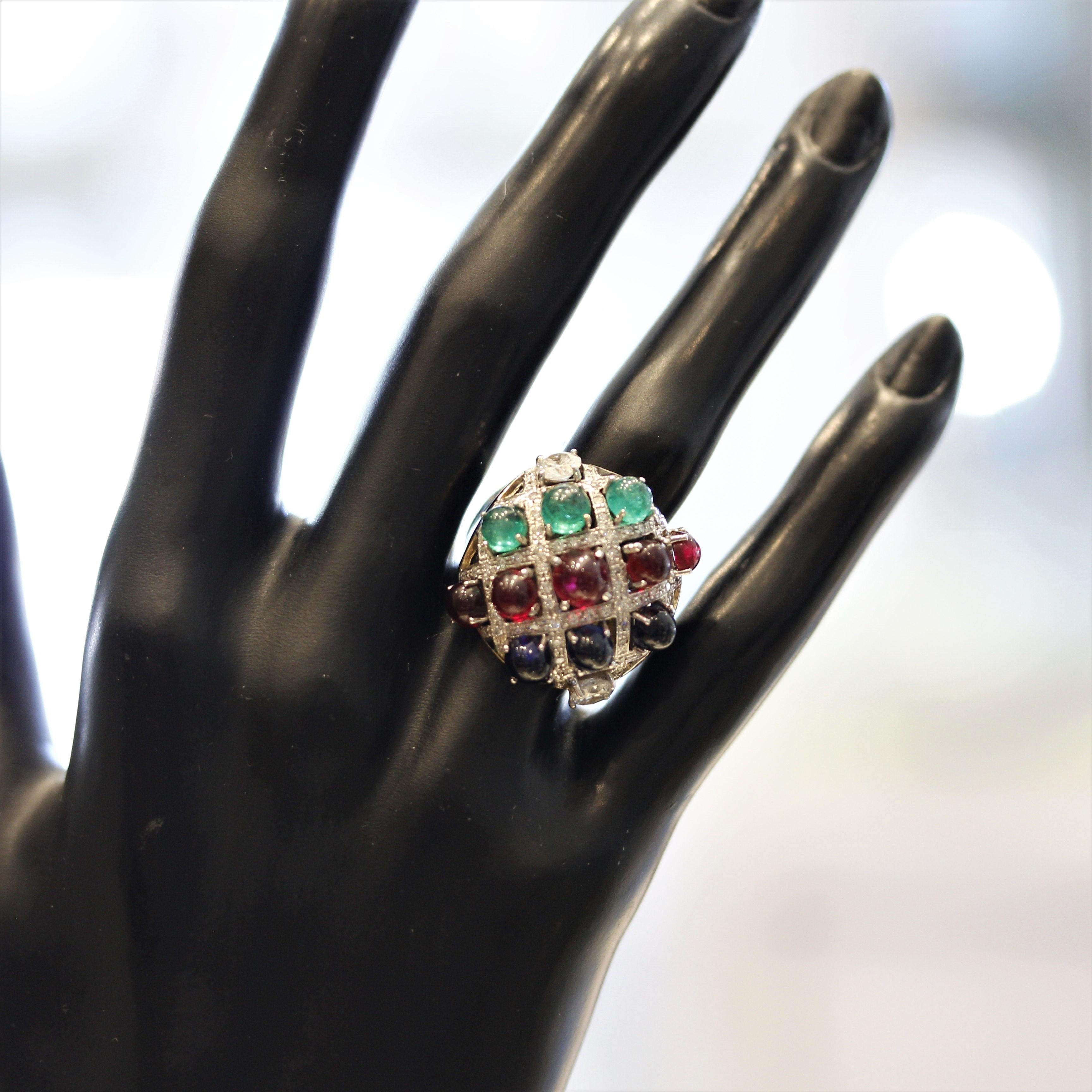 Mixed Cut Tutti Frutti Ruby Emerald Sapphire Diamond Gold Cocktail Ring For Sale